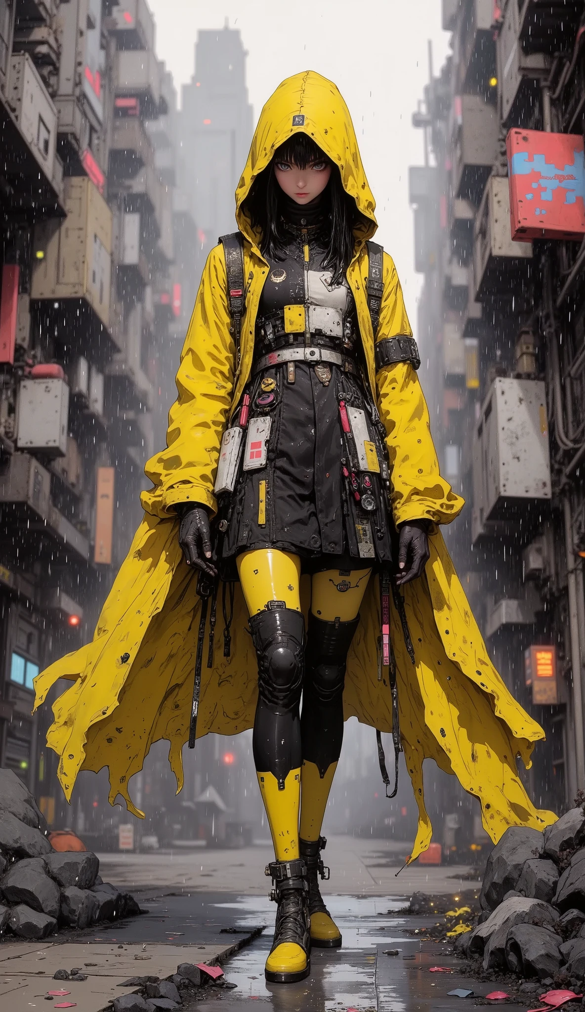 walking up to the camera, flat large general full body :1.5, a woman wearing a yellow hooded raincoat walking in the rain, cyberpunk urban clothing, wearing cyberpunk urban clothing, photograph of a woman wearing technological clothing, El atuendo de cyberpunk style , cyberpunk style, cyberpunk costume, Cyberpunk fashion, wearing Cyberpunk jacket 2 0 7 7 , Wojtek FUS, cyberpunk style 2 0 7 7, Cyberpunk fashion clothing, Cyberpunk Anime Girl with Hoodie, yellow clothes, (High Definition, masterpiece, Precise, High quality, High Definition model, alto detalle, ((( The textures are soft ))), ((mate y con aspecto artesanal High quality)), ((( Tim Burton style))),
