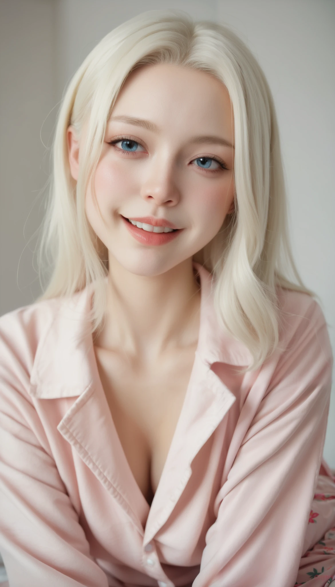 TOP QUALITY、 masterpiece、RAW photo、film grain、8k、 Ultra High Definition 、very cute女の子、Albino Girl、very cute、((( Dreadlocks 、Pure White Hair:1.2、Laugh a little:0.1)))、 silk pajamas、 blanking, Nose is bright red, Redness on distorted cheeks,