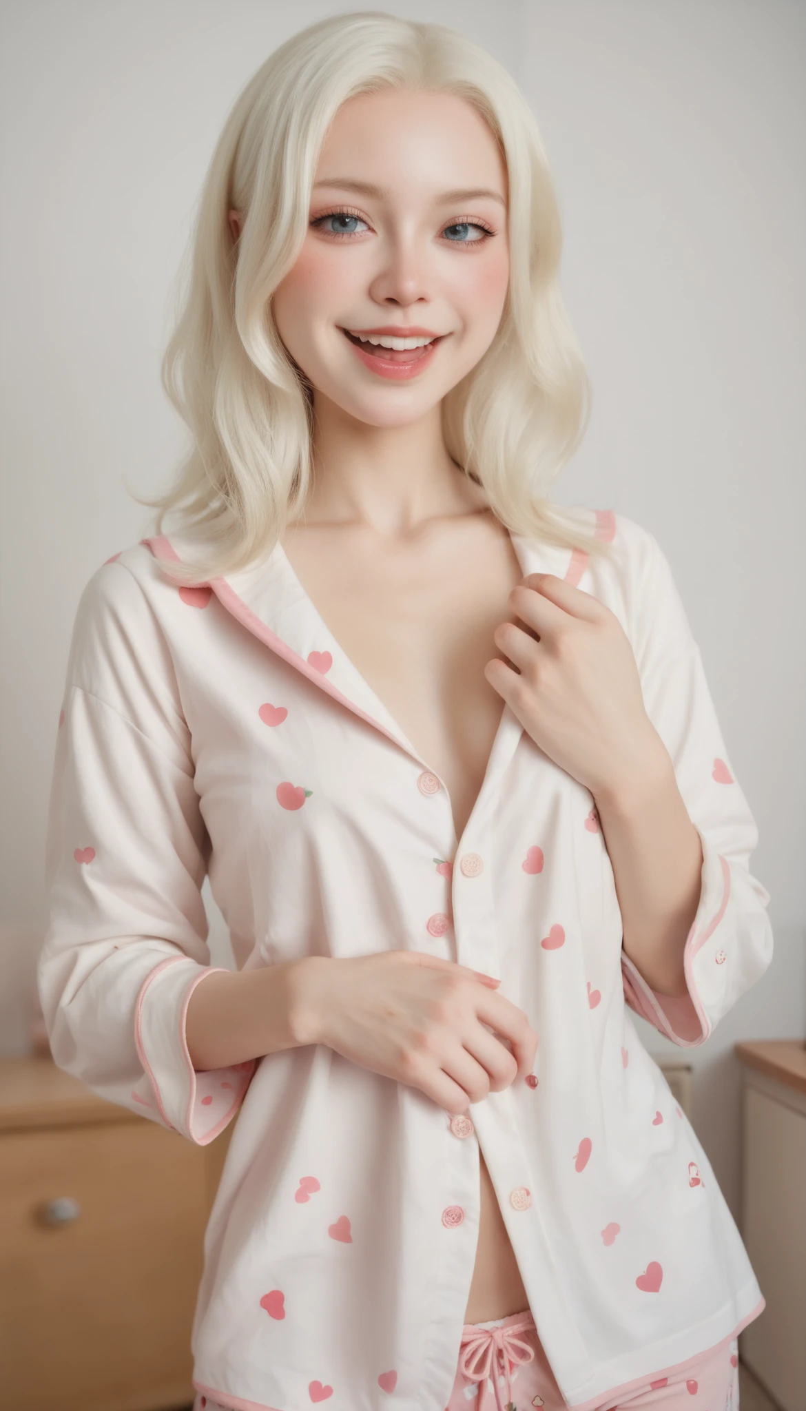 TOP QUALITY、 masterpiece、RAW photo、film grain、8k、 Ultra High Definition 、very cute女の子、Albino Girl、very cute、((( Dreadlocks 、Pure White Hair:1.2、Laugh a little:0.1)))、 silk pajamas、 blanking, Nose is bright red, Redness on distorted cheeks,