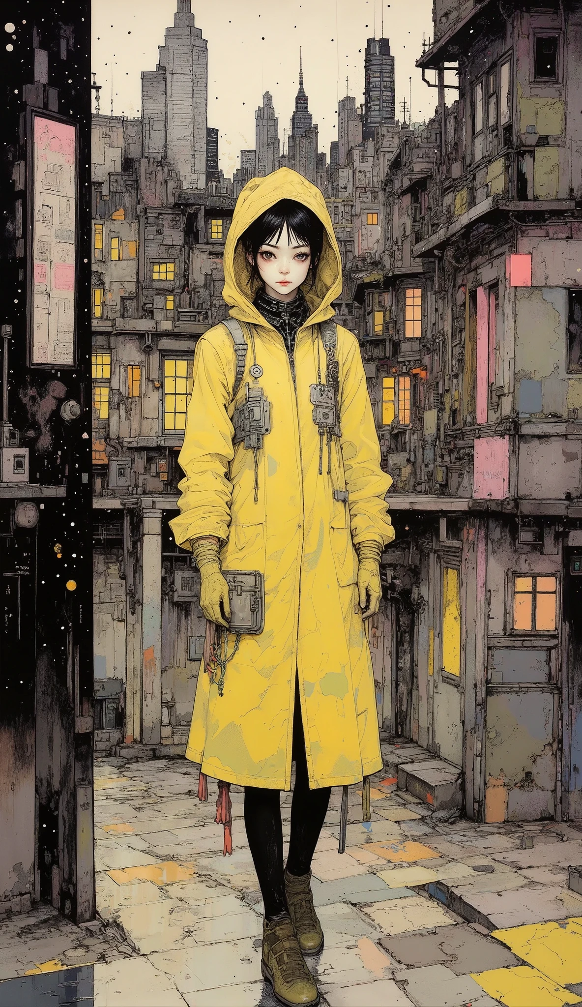 walking up to the camera, flat large general full body :1.5, a woman wearing a yellow hooded raincoat walking in the rain, cyberpunk urban clothing, wearing cyberpunk urban clothing, photograph of a woman wearing technological clothing, El atuendo de cyberpunk style , cyberpunk style, cyberpunk costume, Cyberpunk fashion, wearing Cyberpunk jacket 2 0 7 7 , Wojtek FUS, cyberpunk style 2 0 7 7, Cyberpunk fashion clothing, Cyberpunk Anime Girl with Hoodie, yellow clothes, (High Definition, masterpiece, Precise, High quality, High Definition model, alto detalle, ((( The textures are soft ))), ((mate y con aspecto artesanal High quality)), ((( Tim Burton style))),