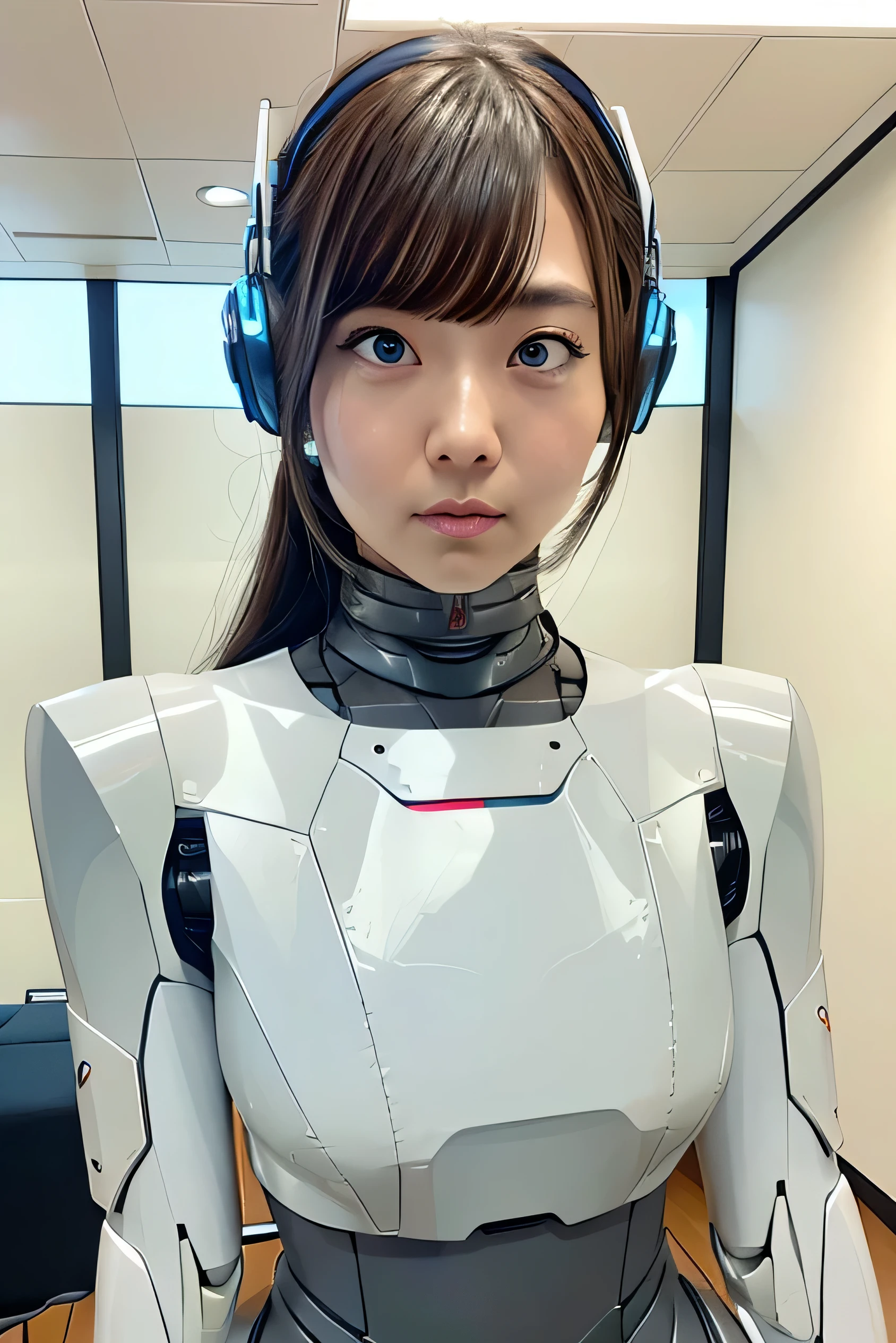 masterpiece, best quality, extremely detailed, Japaese android girl,Plump , control panels,android,Droid,Mechanical Hand, Robot arms and legs, Black Robot Parts,brown hair,long hair,Mechanical body,Blunt bangs,White robotics parts,perfect robot girl,future information counter,reception,long tube,thick cable connected her neck,ceramic body ,mechanical body,mechanical costume,android,robot,humanoid,cyborg,information office,japanese android receptionist ,mechanical chest,blue eyes,office-lady