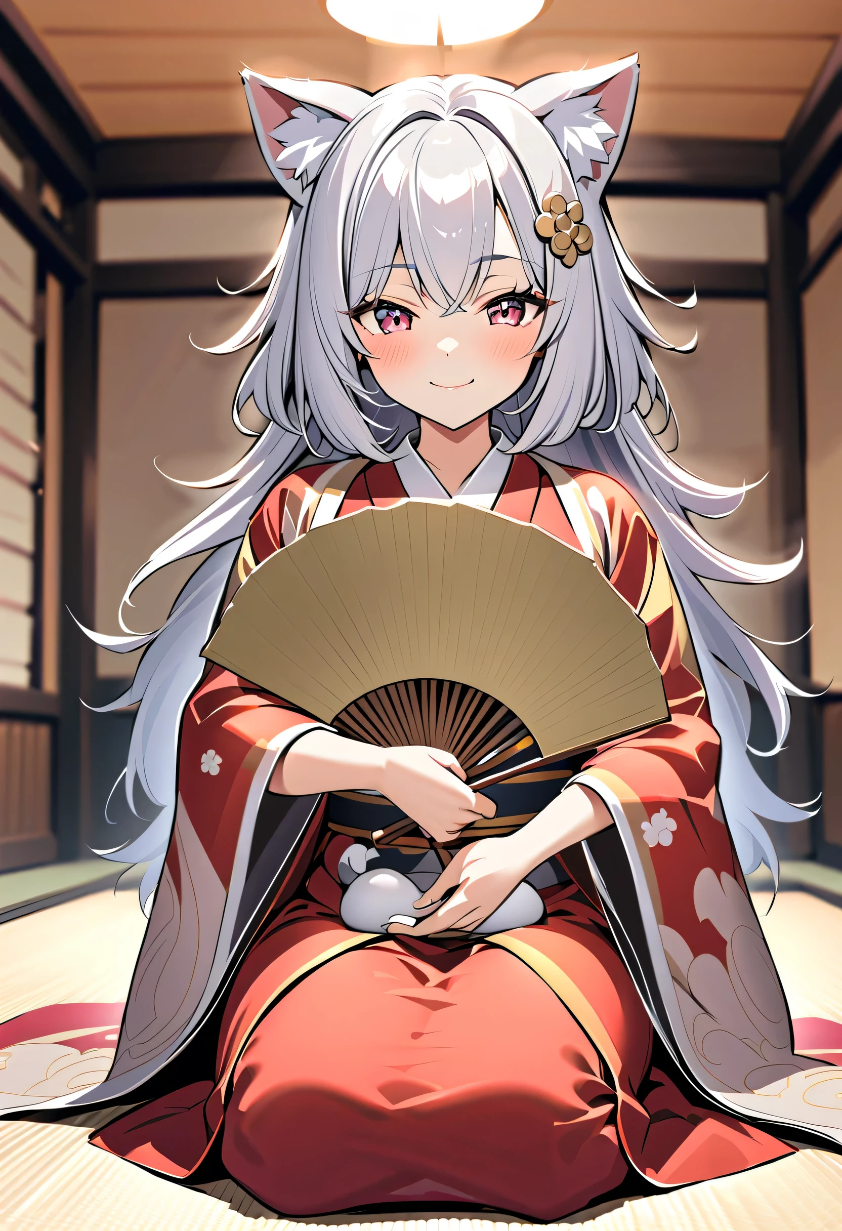 smile, girl with dog ears , Silver Hair, Japan, White Ear,Hindyman, gold hair ornament ,I'm holding a large fan unfolded,seiza ,from the front,Twelve-layered robe,Big droopy hair