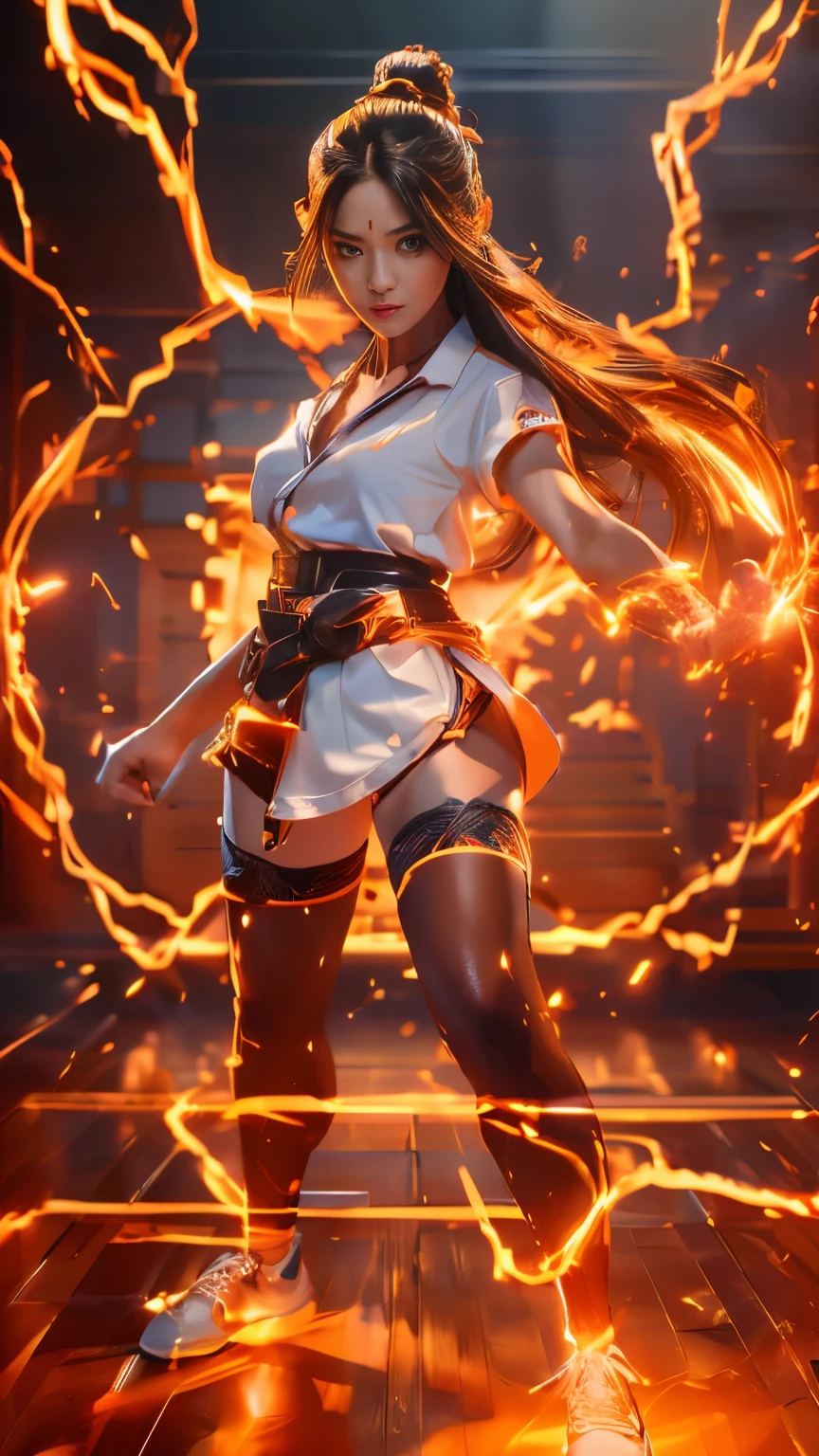 (ธาตุelectricity:1.2), Knee shot, 18-year-old female in Thai University student uniform, long straight electricity hair, white short sleeve shirt , Tight black mini skirt , brown belt , white sneakers , Great performance:1.2, high profile pages, Sexy Lingerie & Stockings , Movie scene, electricity goddess, slim and perfect figure, perfect body proportions , 16k, Portrait photo , dynamic dance pose, Dynamic Elements, orangaura, using orang-magic, orang-magic, dance, electricity
