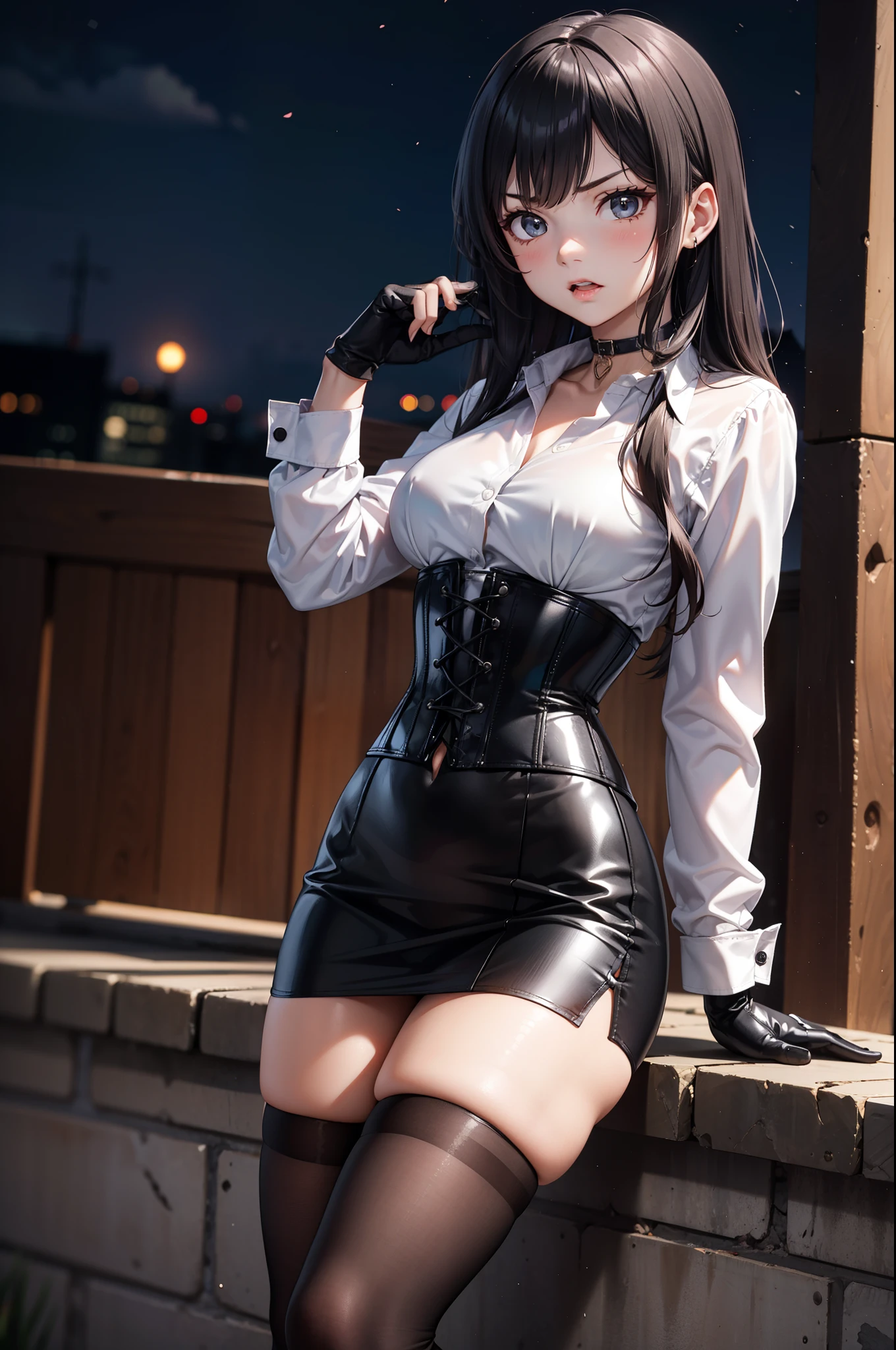 ((Biologically correct limb count))、(( From head to toe、Full-body photo including face))、4K、((Standing position))、masterpiece、((Focus on the face))、((Symmetrical facial features))、Eyes with detailed description、Beautiful woman、Great style、Beautiful arms、Beautiful legs、Beautiful Hands、(Small Ass、Thin thighs）、Facial detailing、Small earrings、necklace、(Black latex uniform、skirt、corset、((High heels、Black garter stockings))）、Face close-up、smile、Black Hair、((Alluring))、Walking with my head up、Panty shot、No bra