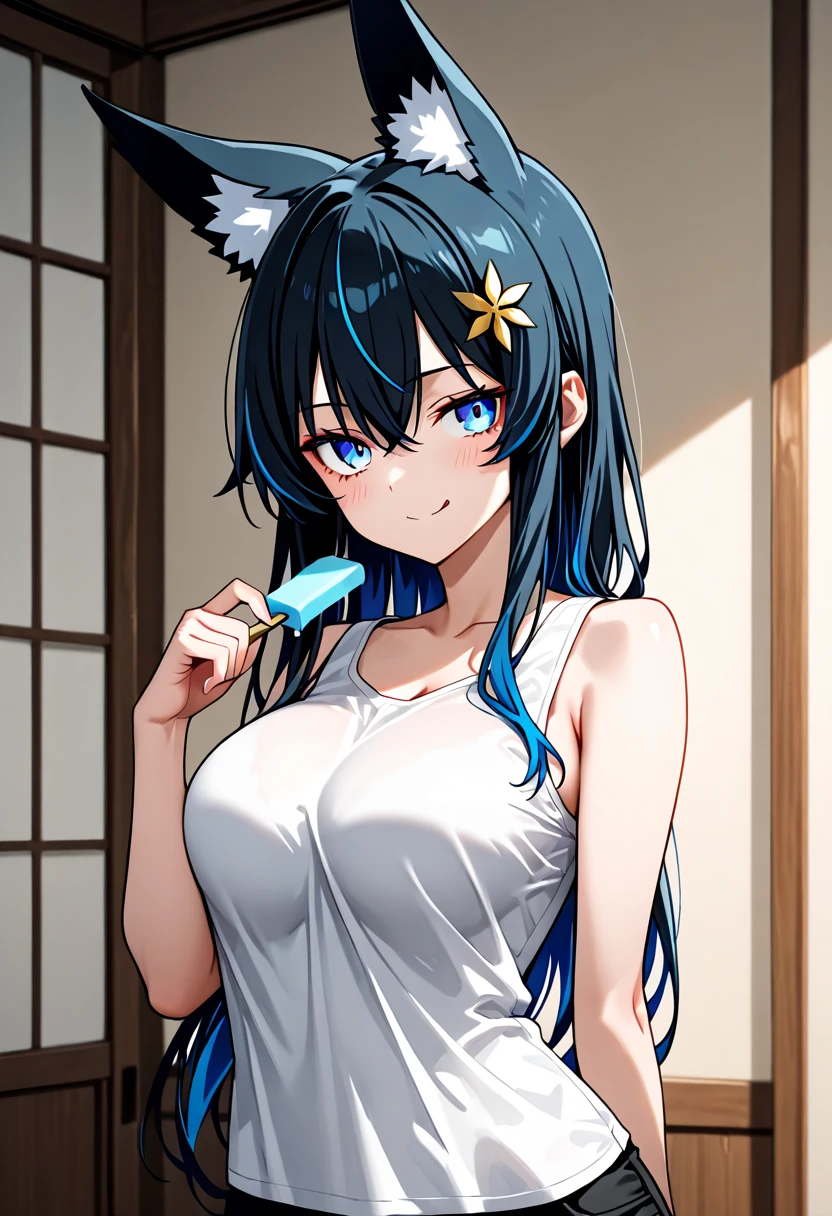 (frontale pov, Stretching out sexy tongue, sexy kiss and Lick:1.2 a popsicle) (solo:2, 15 yo forehead blue hair long hair lovely girl, cute blue eyes, love smile), (in a cute yukata), break, (in the night Japanese festival venue), BREAK, perfect anatomy, masterpiece, best quality, 16k, beautiful detailed hot, daydreaming expression.