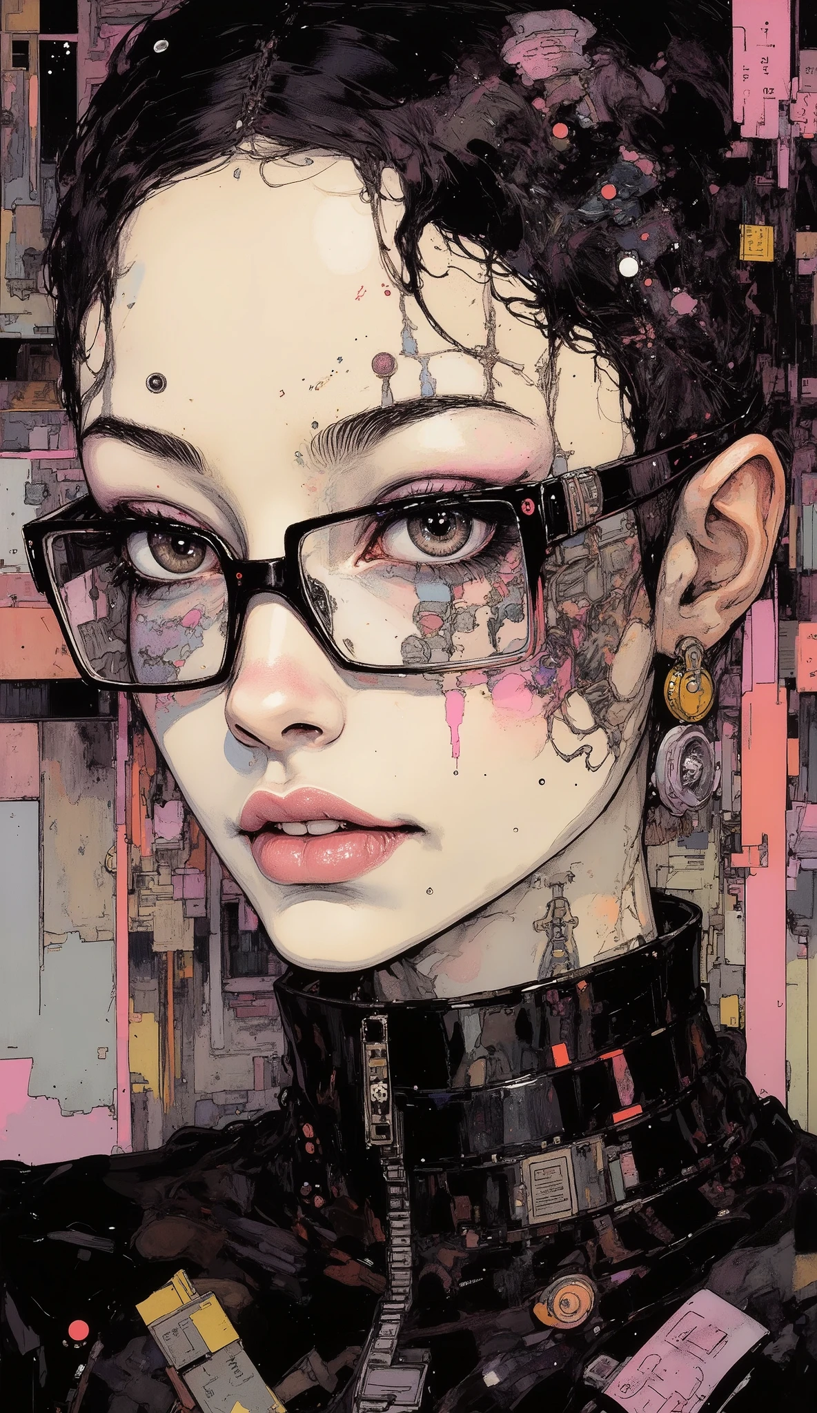 ((centered image, a close up of a beautiful woman with exaggerated features caricaturized in the kawaii style :1.52, thick and plump lips with kissable glitter , large with glitter and reflections , false eyelashes and long eyes :1.5 , Beautiful face of a cyberpunk girl , great digital art with details, she wears glasses you can see the reflection in the glasses of the glasses :1.5)), digital art. masterpiece of the body , Detailed woman, full lips in the style of Angelina Jolie , Long False Eyelashes , eye makeup blushed lips and cheeks , wears earrings all over the ear like piercings and has a ring embedded in the ovum of the ear, a piercing on her lips and nose , , Brandon Woelfel, tattooed face, tattoos and piercings, realistic digital art 4k, realistic digital art 4 k, tattoo style, cyberpunk art style, Girl with glasses , Chiaroscuro, cinematic lighting , Optical illusion , High Definition , U High Definition , retina, body masterpiece of the body , Precise, Anatómicamente correcto , Textured leather , super detail , tall details , High quality, awarded , falda de High quality, highres, 1080P, High Definition , 16K