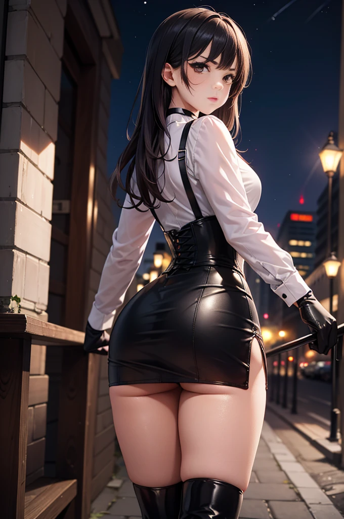 masterpiece, night, in the city, shopping, beautiful moonlight, 1cat girl, beautiful red eyes, cat ears, cat tail, tooth, ribbon tie, black suit, sideline black shorts, detailed buttocks, looking back, seductive smile, illustration,