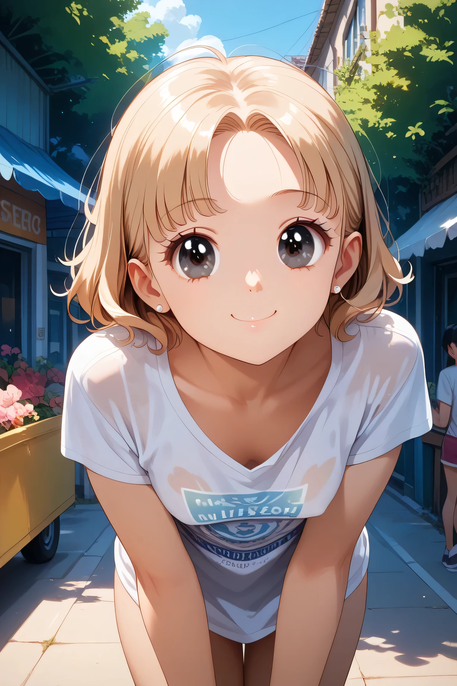 ((Best Quality, 8K, masutepiece :1.3)), Sharp Focus :1.2, beautiful mature women, 20 years, ((Loose T-shirt)), downbrouse, ((Leaning forward)), (Small breasts), (Smile:1.15), Highly detailed face and skin texture, Detailed eyes, (Round face:1.4), Outdoors