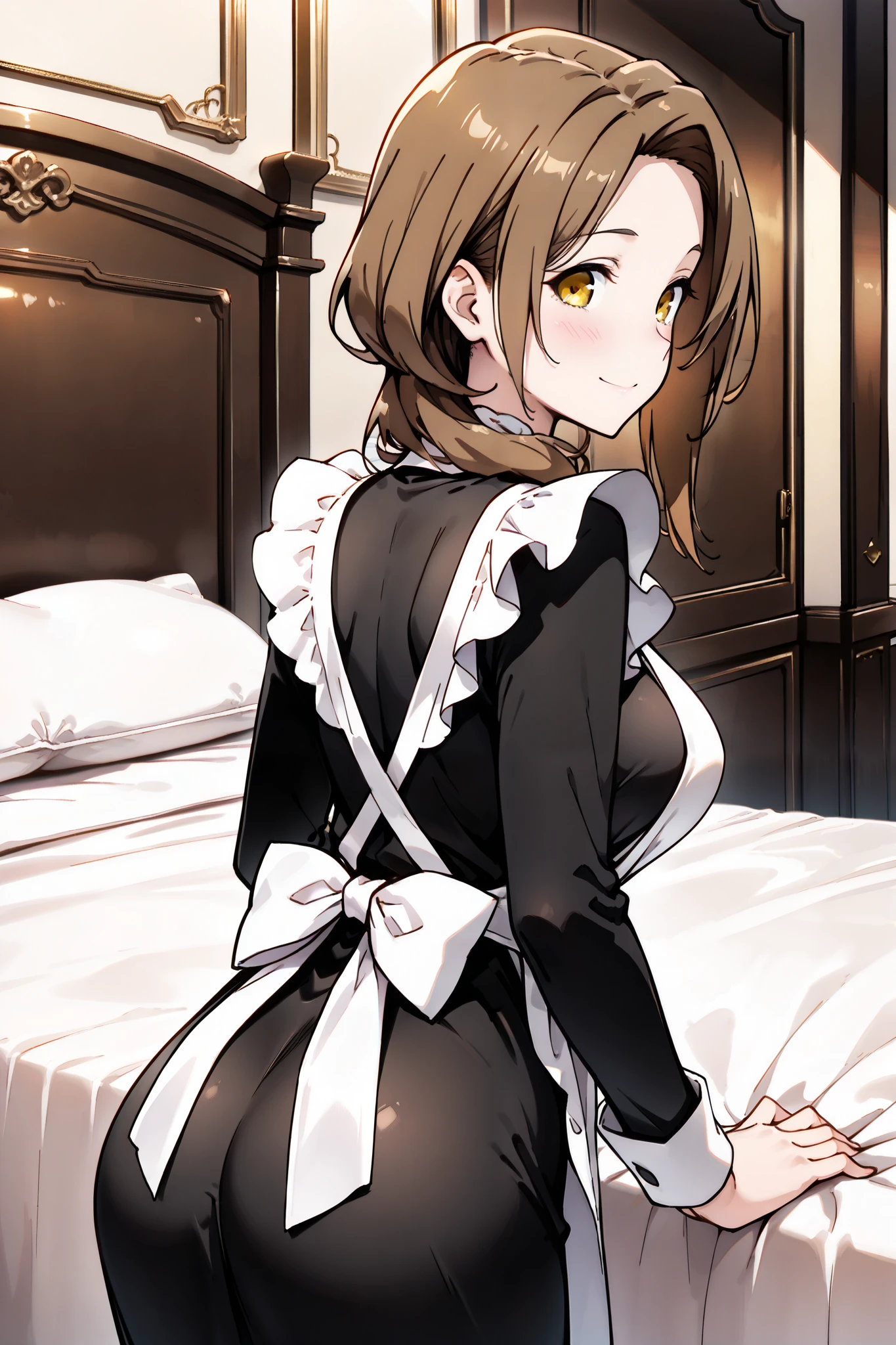 {Highest quality}, {so beautiful}, {Very detailed}, {Best illustrations},{Beautiful eyes},Alone,(Mature Woman),Brown hair, asymmetrical hair,Medium hair,off-center part, yellow eyes, (tall, slim body:1.4), medium breasts,big butt,maid style:0.2,(black dress,long sleeve,simple white apron),(round eyes、 droopy eyes ),(blush,smile),Mansion、bedroom、bed, look here,(side view:1.4)、Bend、(Assを上げる、Assを向ける,Ass),Put your hands on the bed、(doggy style)