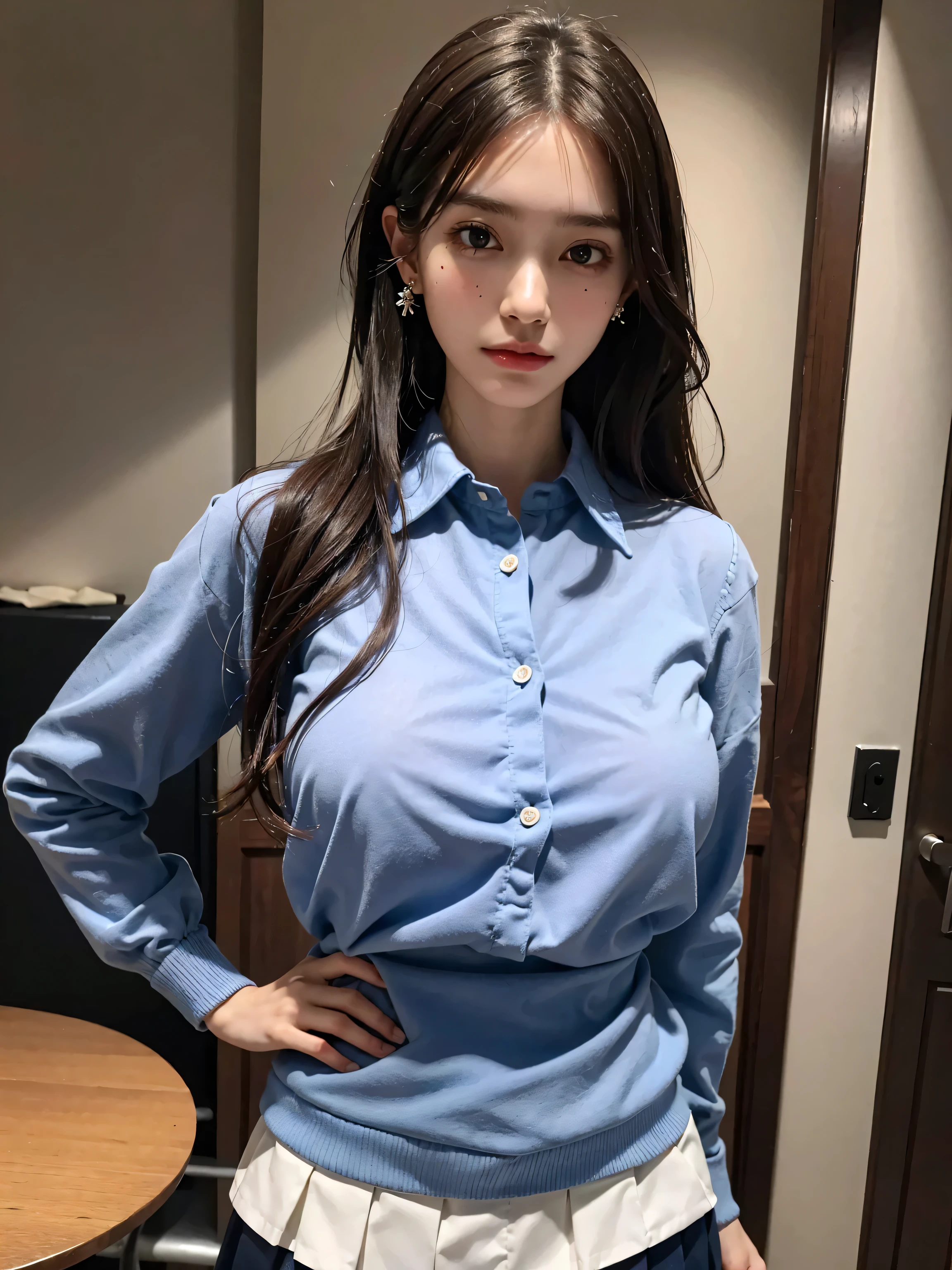 absurdres, RAW photo, extremely delicate and beautiful, masterpiece, Best Quality, ultra high resolution, 32k, hyperrealistic, ultra-detailed, perfect figure, in her 20s, very small head, very small face, delicate facial features, tearful mole, earring, huge breasts, huge breasts, full body shot, medium hair, black hair, collared shirt, shorts, bare legs,