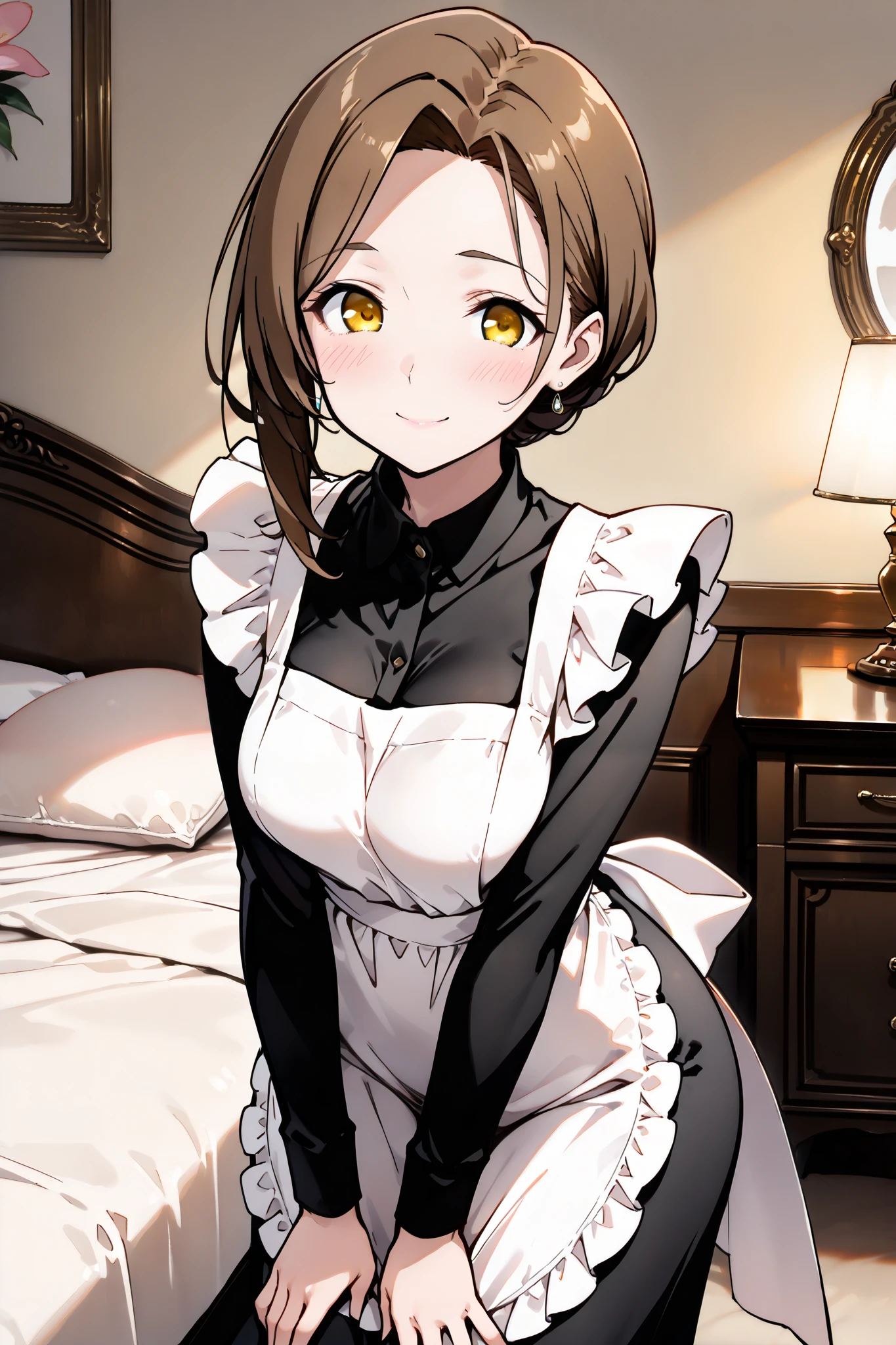 {Highest quality}, {so beautiful}, {Very detailed}, {Best illustrations},{Beautiful eyes},Alone,(Mature Woman),Brown hair, asymmetrical hair,Medium hair,off-center part, yellow eyes, (tall, slim body:1.4), medium breasts,big butt,maid style:0.2,(black dress,long sleeve,simple white apron),(round eyes、 droopy eyes ),(blush,smile),Mansion、bedroom、bed, look here,(side view:1.4)、Bend、valley、(Assを上げる、Assを向ける,Ass),Hands on knees、doggy style