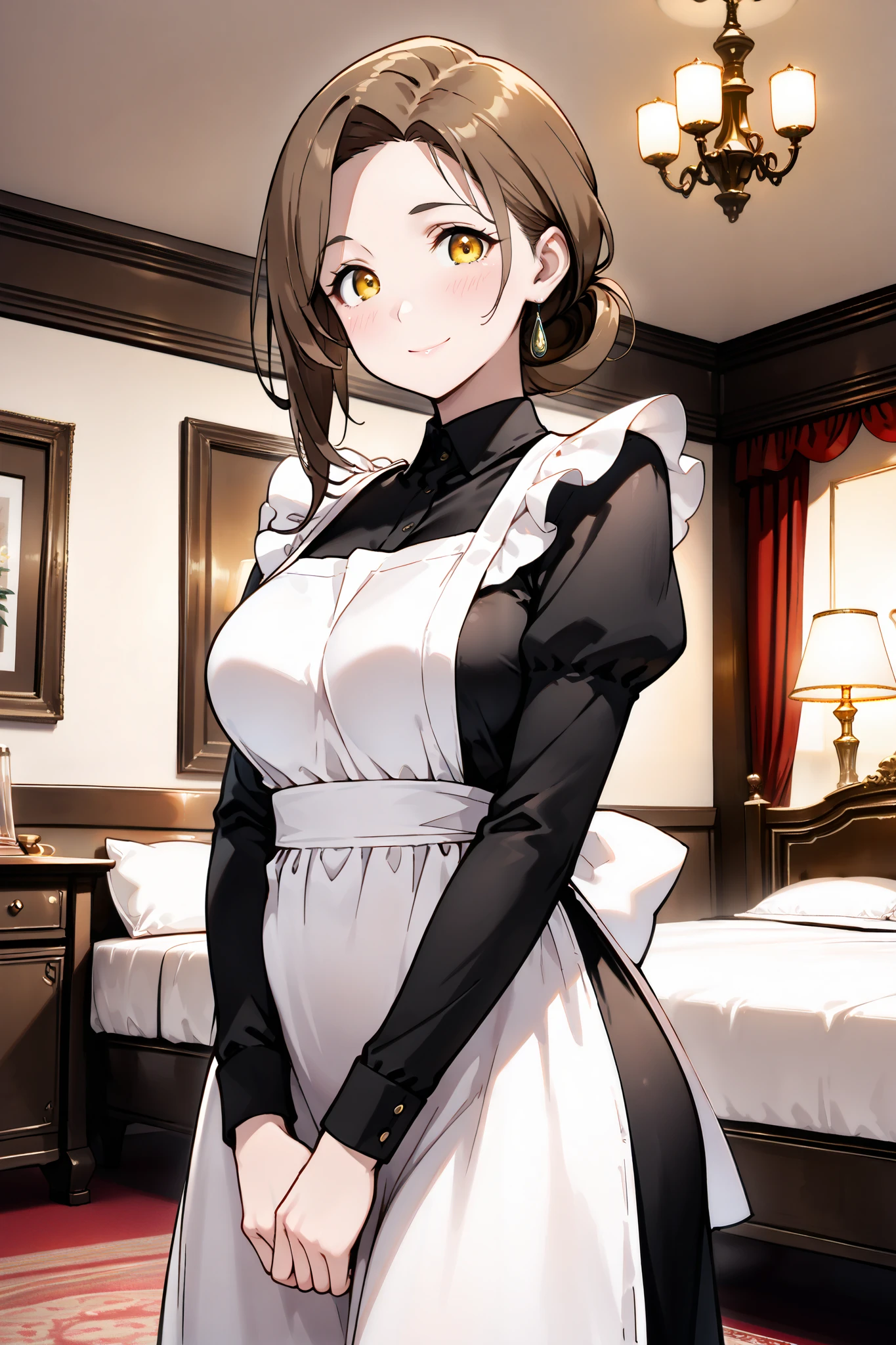 {Highest quality}, {so beautiful}, {Very detailed}, {Best illustrations},{Beautiful eyes},Alone,(Mature Woman),Brown hair, asymmetrical hair,Medium hair,off-center part, yellow eyes, (tall, slim body:1.4), medium breasts,big butt,maid style:0.2,(black dress,long sleeve,simple white apron),(round eyes、 droopy eyes ),(blush,smile),Mansion、bedroom、bed, look here,(side view:1.4)、Bend、valley、 raise your butt、sexy pose