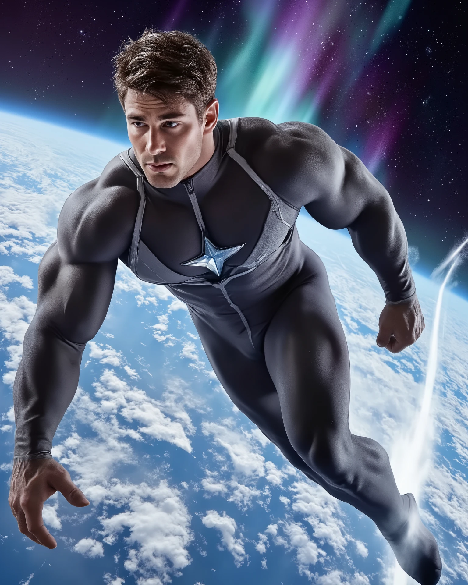 Masterpiece, Accurate, Award Winning, Best Quality, Extremely Detailed, 8K, HD, Super-Resolution, Cinematic Lighting, F/2.8 Aperture, 85mm Prime Lens, Dynamic Depth of Field, Photorealistic, Full Coloured, Shot on 70mm, 5D. A strikingly muscular interpretation of Northstar is captured in mid-flight for a cinematic Marvel character poster, his body twisting dynamically as he soars at breakneck speed. His powerful arms are spread wide, fingers splayed as if cutting through the atmosphere, while his legs are angled slightly behind him, showcasing the sheer force of his acceleration. His sleek, windswept black hair, streaked with silver at the temples, is tousled by the velocity, and his piercing blue eyes burn with intensity as he glances back toward the viewer.
His black and white bodysuit, stretched tightly over his sculpted chest and carved abs, accentuates every ridge and contour of his athletic, chiseled physique. The angular starburst emblem on his chest radiates a soft, pulsating glow, emitting trails of luminescent white energy that spiral behind him. His muscular legs flex beneath the streamlined fabric, the suit’s high-tech material reflecting the cosmic glow surrounding him.
The background captures the vast expanse of the upper atmosphere, where Earth’s curvature glows in the distance beneath swirling auroras of vibrant blues, greens, and purples. Streaks of pure white light follow in his wake, bending as if distorting gravity itself. Wisps of cloud vapor trail from his shoulders and legs, dispersing from the sheer force of his velocity. The camera angle is positioned low, emphasizing his speed and dominance as he moves like a living comet cutting across the heavens. His expression is both determined and exhilarated, the perfect embodiment of light, movement, and unstoppable power.
