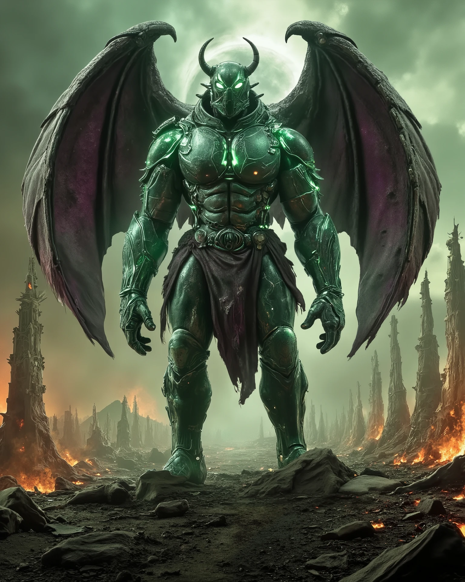Masterpiece, Accurate, Award Winning, Best Quality, Extremely Detailed, 8K, HD, Super-Resolution, Cinematic Lighting, F/2.8 Aperture, 85mm Prime Lens, Dynamic Depth of Field, Photorealistic, Full Coloured, Shot on 70mm, 5D. A hauntingly powerful interpretation of Annihilus is captured in a contemplative pose for a cinematic Marvel character poster, standing atop the ruins of a desolate alien world. His massive, armored form is cloaked in an eerie green glow, his biomechanical exoskeleton glistening under the dim, pulsating light of a dying sun. His elongated, insect-like face is partially hidden beneath the shadows of his tattered, flowing cape, his piercing, luminescent eyes staring out over the scorched landscape in deep thought.
His massive, clawed hands rest against the pommel of his deadly Cosmic Control Rod, its intricate carvings pulsing faintly with unknown energy. His enormous, bat-like wings are partially extended behind him, their sharp edges frayed and torn from countless battles. His thick, sinewy muscles ripple beneath his segmented armor, the deep grooves and ridges of his exoskeleton etched with ancient battle scars. The muted hues of his armor—metallic green and deep violet—reflect the dim, apocalyptic light, creating an otherworldly contrast against the shifting, unstable terrain beneath him.
The background reveals the smoldering remains of a fallen civilization, towering skeletal structures crumbling under their own weight, the air thick with cosmic dust and floating embers. Jagged cracks in the surface pulse with molten energy, hinting at the planet’s impending destruction. In the distance, a swirling black hole looms, slowly consuming what remains of the world he has conquered. The camera angle is slightly tilted, giving the image a cinematic, almost mythological gravitas, as if capturing the moment before a godlike being makes his next, devastating move. His posture, though composed, radiates an aura of restrained destruction, an overlord dee