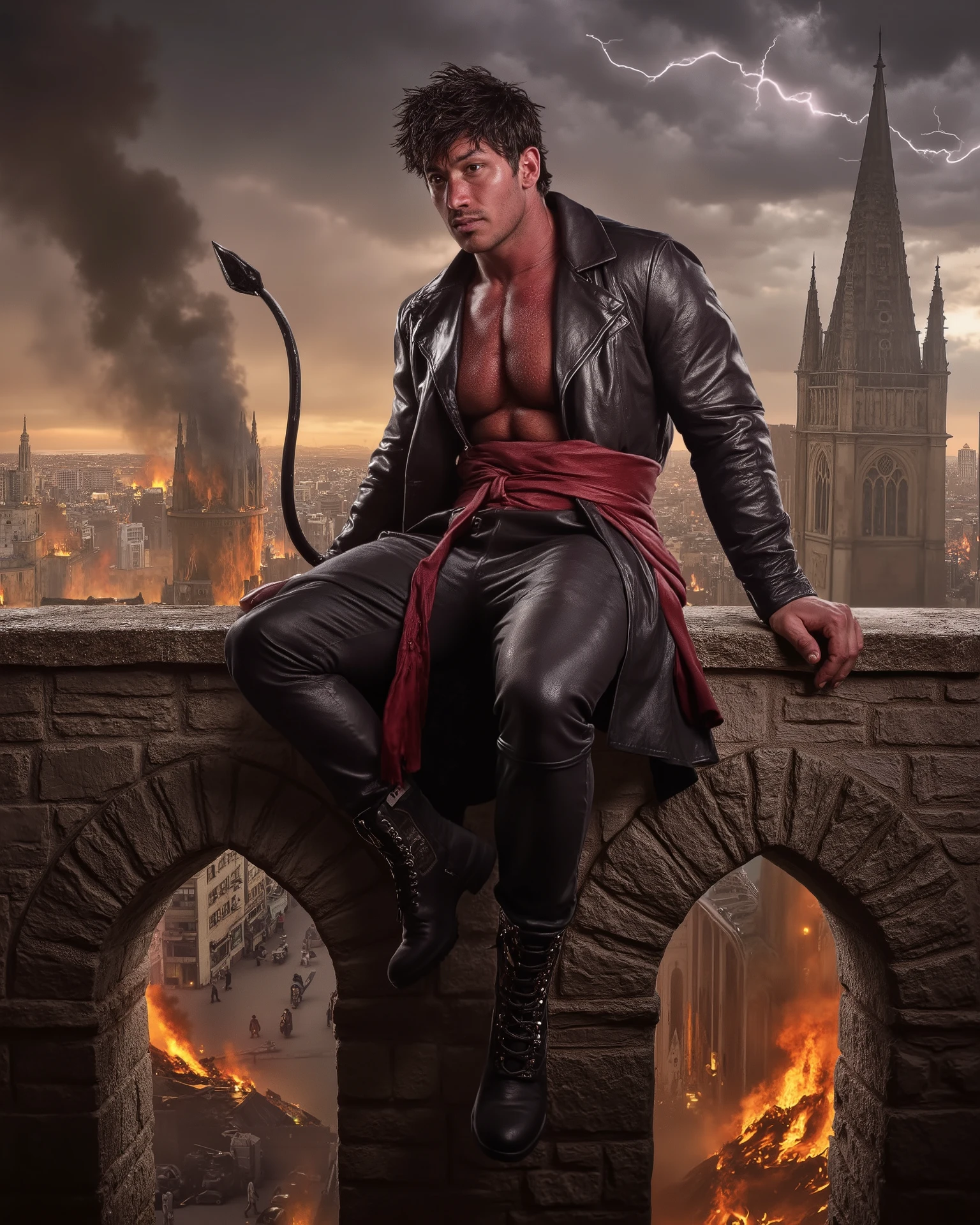 Masterpiece, Accurate, Award Winning, Best Quality, Extremely Detailed, 8K, HD, Super-Resolution, Cinematic Lighting, F/2.8 Aperture, 85mm Prime Lens, Dynamic Depth of Field, Photorealistic, Full Coloured, Shot on 70mm, 5D. A dangerously seductive interpretation of Azazel is captured in a dynamic yet elegant pose for a cinematic Marvel character poster, perched effortlessly on the edge of a gothic stone archway high above a burning cityscape. His deep crimson skin glows under the flickering light of distant fires, his sharp, demonic features accentuated by the dramatic shadows cast across his chiseled jawline and piercing yellow eyes. His thick, jet-black hair falls in tousled waves around his face, his expression a mixture of devilish amusement and quiet menace.
His muscular frame is wrapped in a sleek, form-fitting black leather trench coat that flares open at his waist, revealing the powerful ridges of his sculpted abs and broad chest. His thick thighs are clad in dark, armored combat pants, while knee-high boots with intricate silver accents complete his commanding look. A tattered red sash is tied loosely around his waist, its fabric whipping in the wind as he balances on the ledge with effortless poise. His long, prehensile tail curls around the stone, the spade-like tip flicking subtly as he considers his next move.
The background is a sprawling gothic metropolis, bathed in the eerie glow of distant hellfire, with towering spires silhouetted against a swirling, storm-laden sky. Lightning arcs through the thick clouds, illuminating the chaos below—buildings reduced to rubble, smoke and embers rising into the air. The camera angle is tilted slightly upward, emphasizing his dominance over the scene, capturing him as a shadowy overlord surveying the world beneath him. His right hand extends outward, fingers splayed as if ready to teleport in an instant, while his left rests on his knee, exuding a calculated, effortless confidence.