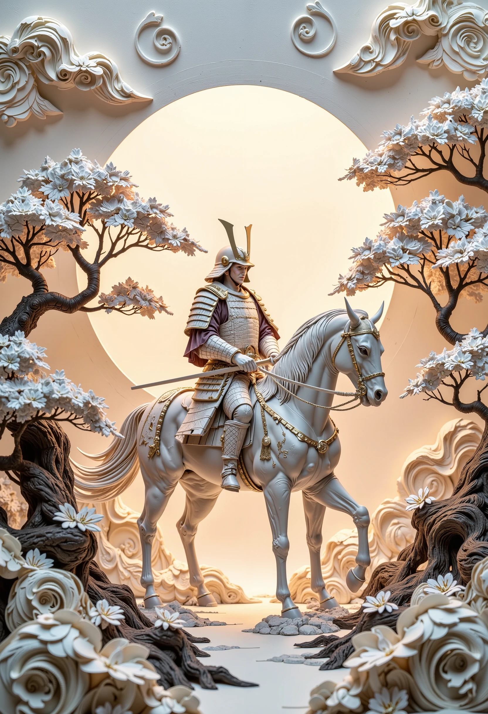 A beautiful and artistic paper cutout composition depicting a samurai warrior on a horse in an elegant, handcrafted style. The compositions are intricately cut from high-quality textured paper, with soft shadows cast onto the background, adding depth and dimension. Surrounding the samurai warrior are delicate paper cutout bonsai, and swirling decorative elements, creating a sense of traditional japanese art and craftsmanship. The lighting is soft and warm, enhancing the texture of the paper and giving the scene a handmade aesthetic. The background is a pale rising sun in a softly blurred gradient to keep the focus on the intricate details of the paper art