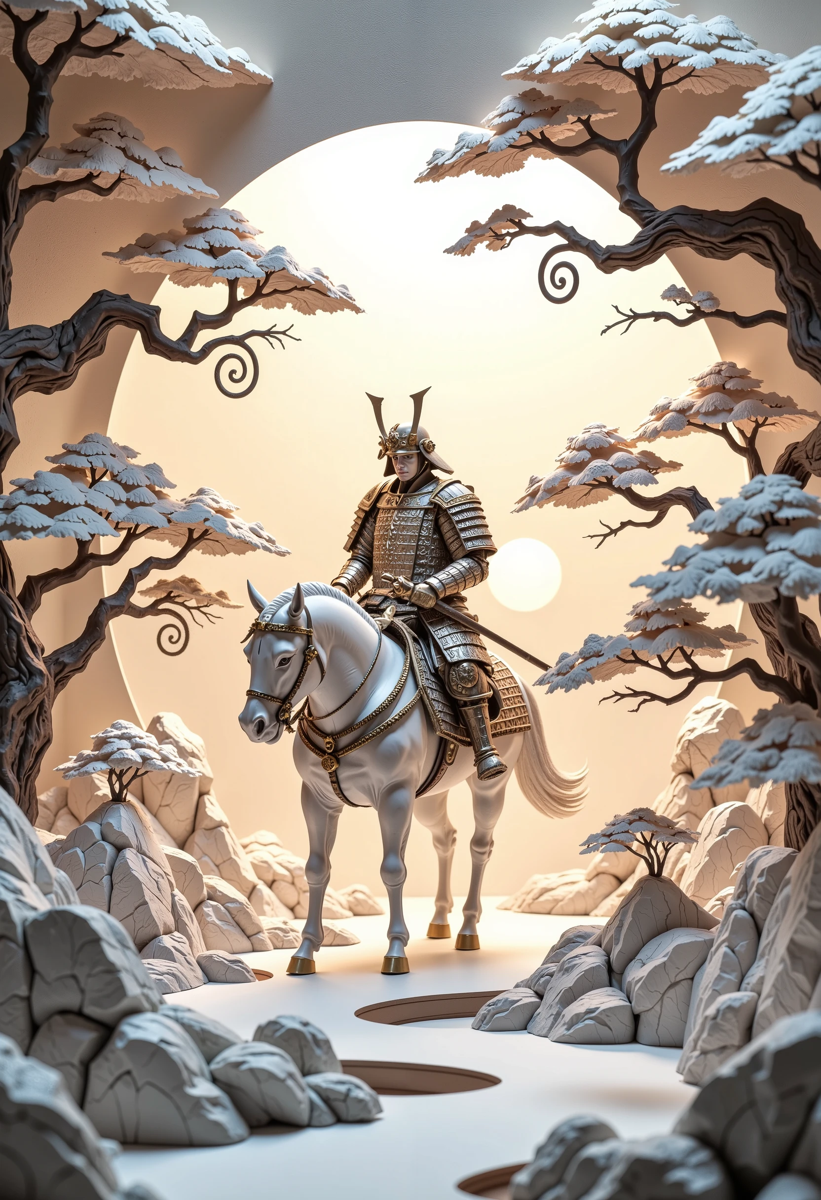 A beautiful and artistic paper cutout composition depicting a samurai warrior on a horse in an elegant, handcrafted style. The compositions are intricately cut from high-quality textured paper, with soft shadows cast onto the background, adding depth and dimension. Surrounding the samurai warrior are delicate paper cutout bonsai, and swirling decorative elements, creating a sense of traditional japanese art and craftsmanship. The lighting is soft and warm, enhancing the texture of the paper and giving the scene a handmade aesthetic. The background is a pale rising sun in a softly blurred gradient to keep the focus on the intricate details of the paper art