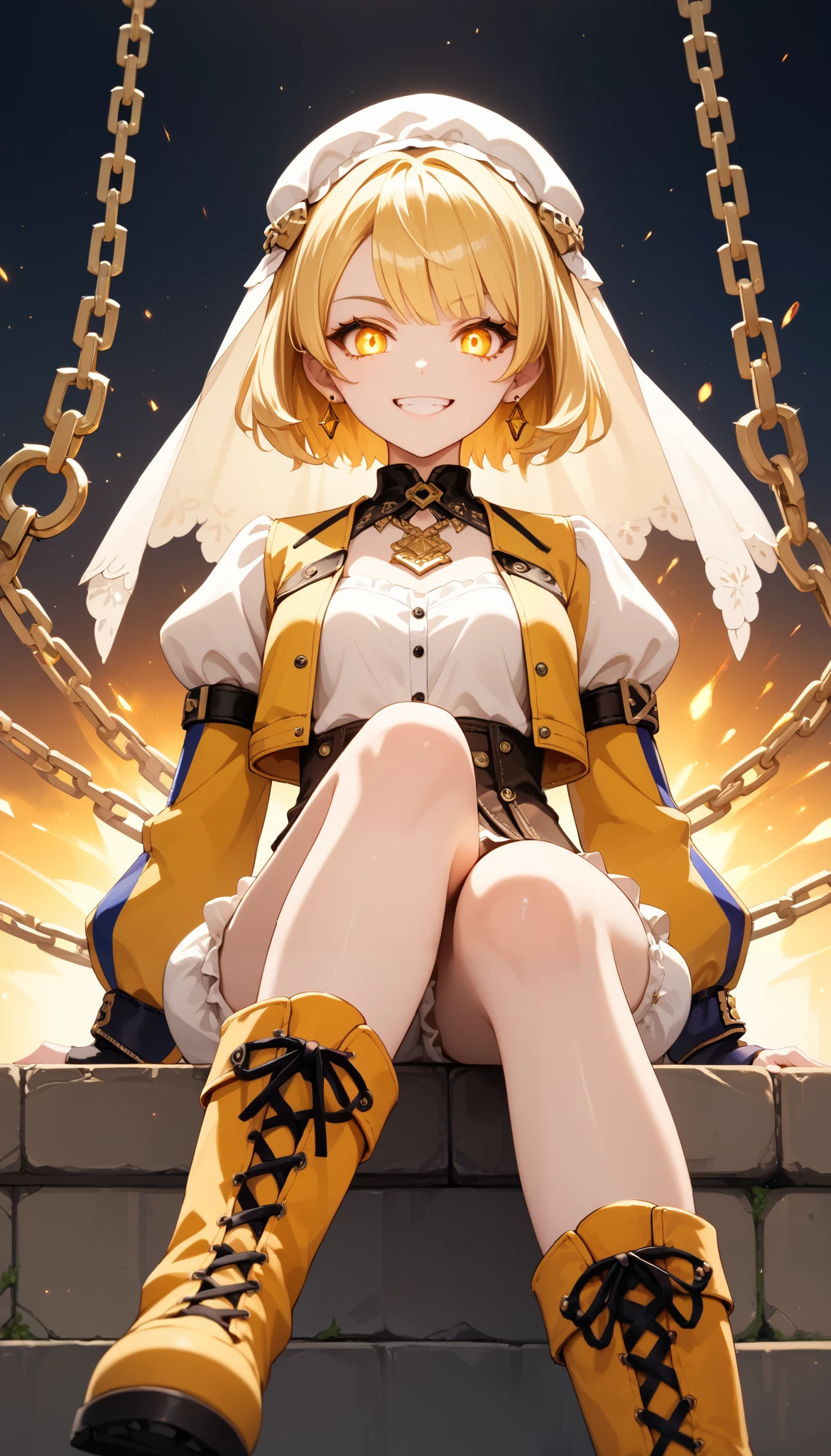 1girl, solo, lone, looking at viewer, short blonde hair, golden hair, sitting, crossed legs, knee boots, headwear, jacket, bloomers, asymmetrical footwear, open jacket, veil, puffy sleeves, glowing golden eyes, mean smile, chain jewelry, earrings, arrogant, from below, masterpiece