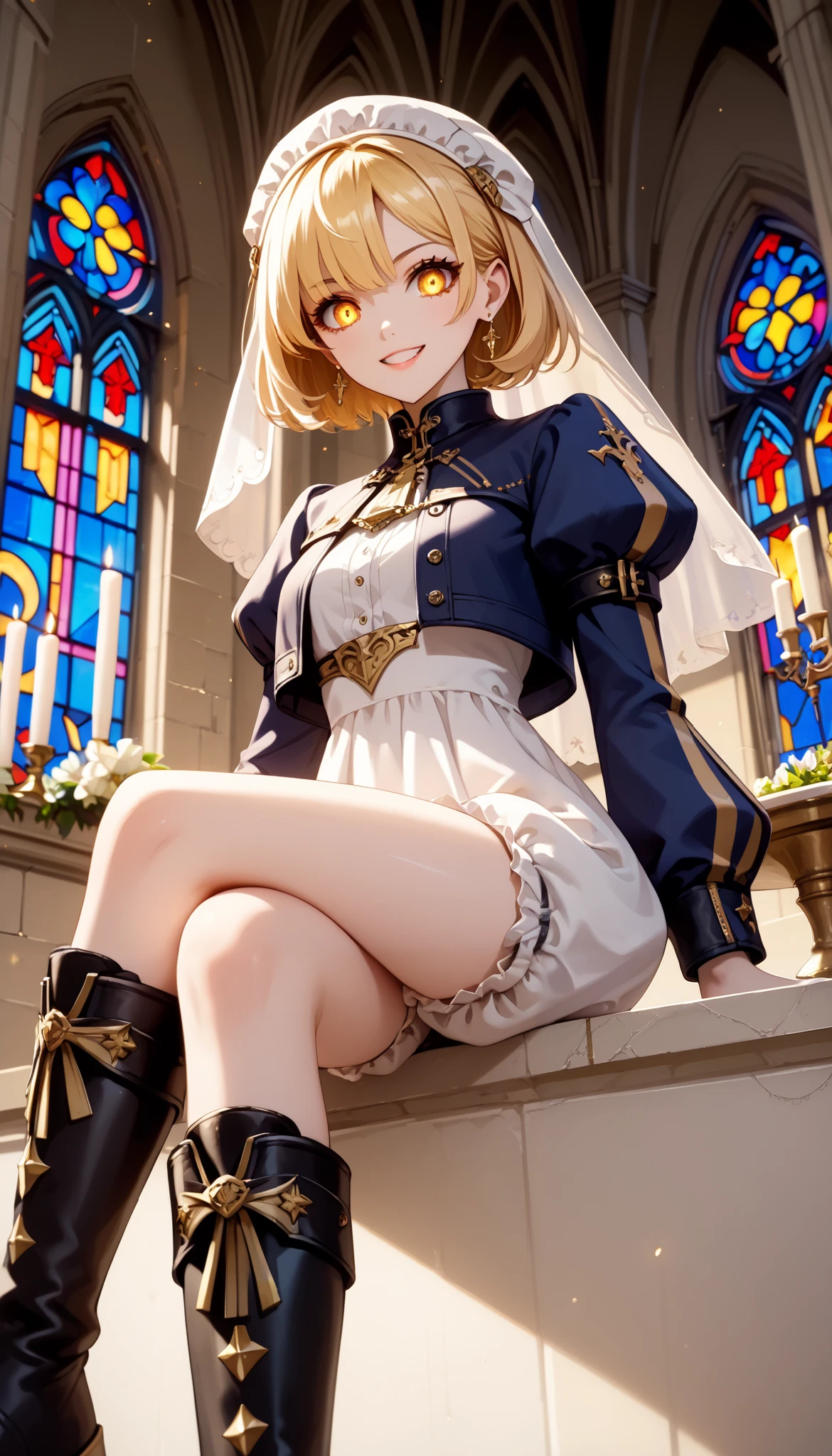 1girl, solo, lone, looking at viewer, short blonde hair, golden hair, sitting on an altar, crossed legs, knee boots, headwear, jacket, bloomers, asymmetrical footwear, open jacket, veil, puffy sleeves, glowing golden eyes, mean smile, chain jewelry, earrings, arrogant, inside a church, from below, masterpiece