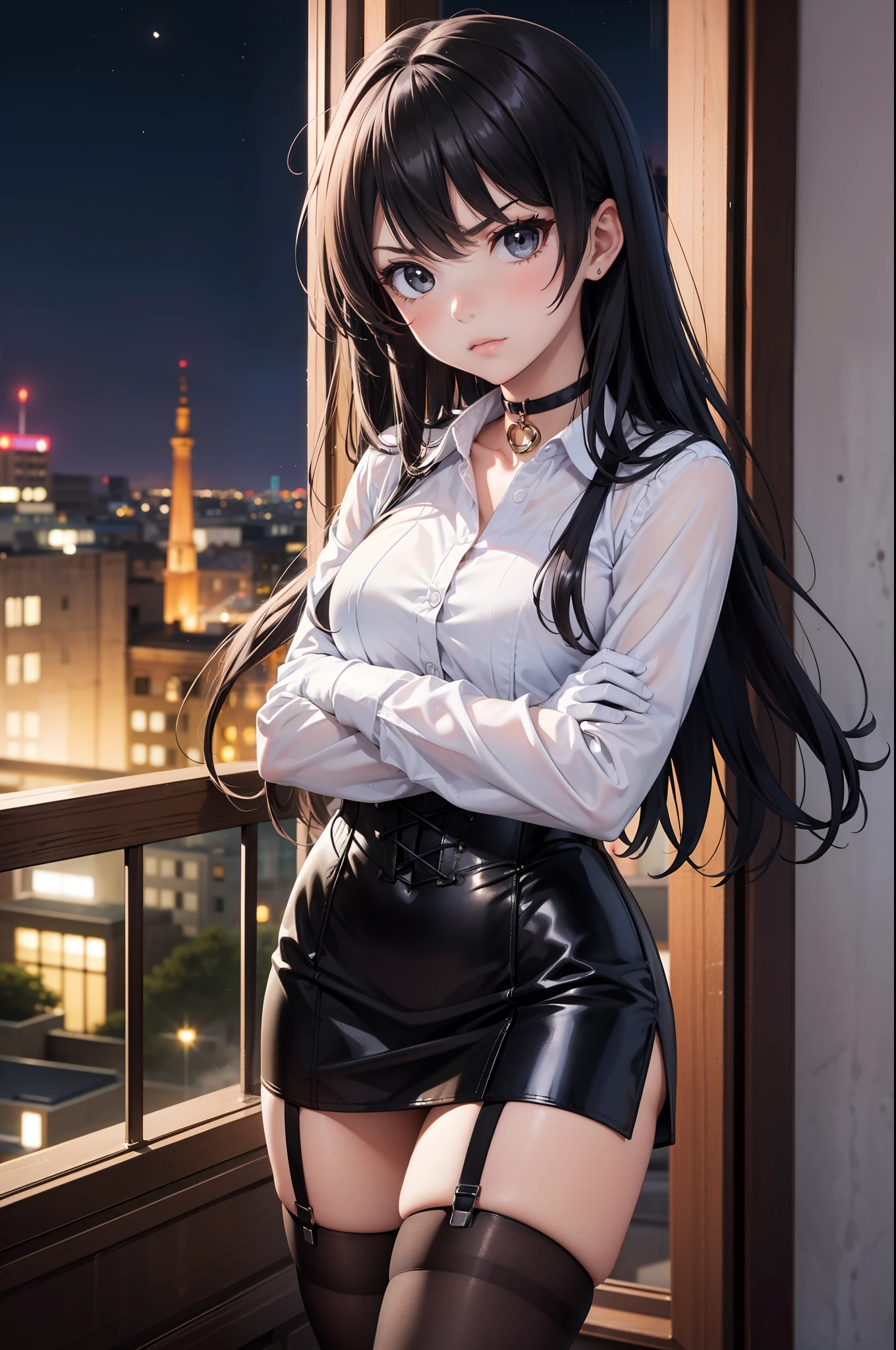 masterpiece, anime style, A young girl, of foot, ( seen from the front ), (( arms crossed )), pretty face, angry look, ((redness on the cheeks)), long black hair, detailed eyes, black eyes, choker : 1.6, (( long sleeve white shirt )), ( black gloves ), (black leather corset), ((black miniskirt)), brown stockings, black leather boots ), self-critical , roof, (( at night))