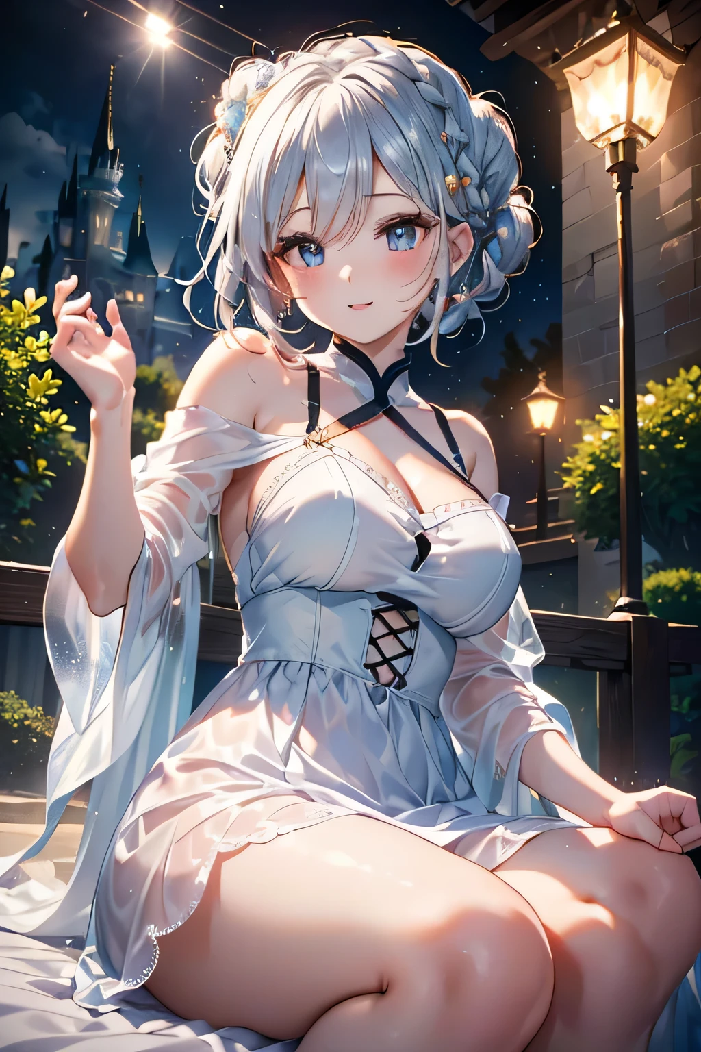 17 years old girl, White hair、Blue eyes、Illuminated by moonlight in a prison、Sadly、hightquality、Detailed details、Masterpiece、８Ｋ、a beauty girl、Dressed in a white dress、fishnet tights、耳环、a necklace