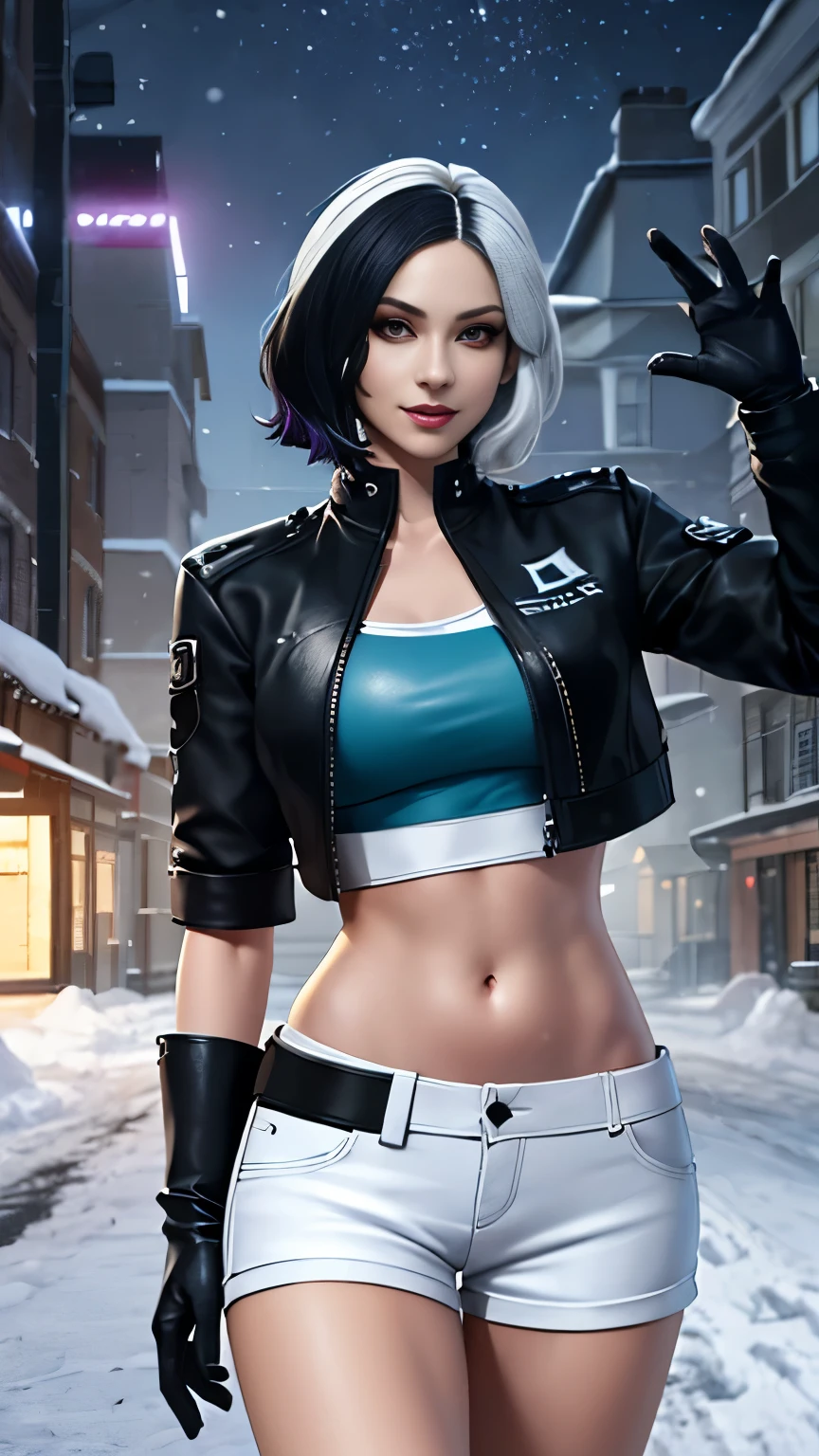 (Highly quality, masterpiece, detailed), night snowing city detailed scenario, modern house detailed background, 22 years old girl, solo, luna_snow, happy faces, black hair, white hair, multi-colored hair, short hair, blue eyes, white eyes, multicolored eyes, black Leather crop top jacket, white leather shorts, white midriff, blue midriff, multicolored midriff, black gloves, white gloves, multi colored gloves, standing ,navel, perfect face, beautiful eyes, looking at the viewer, Sexy pose