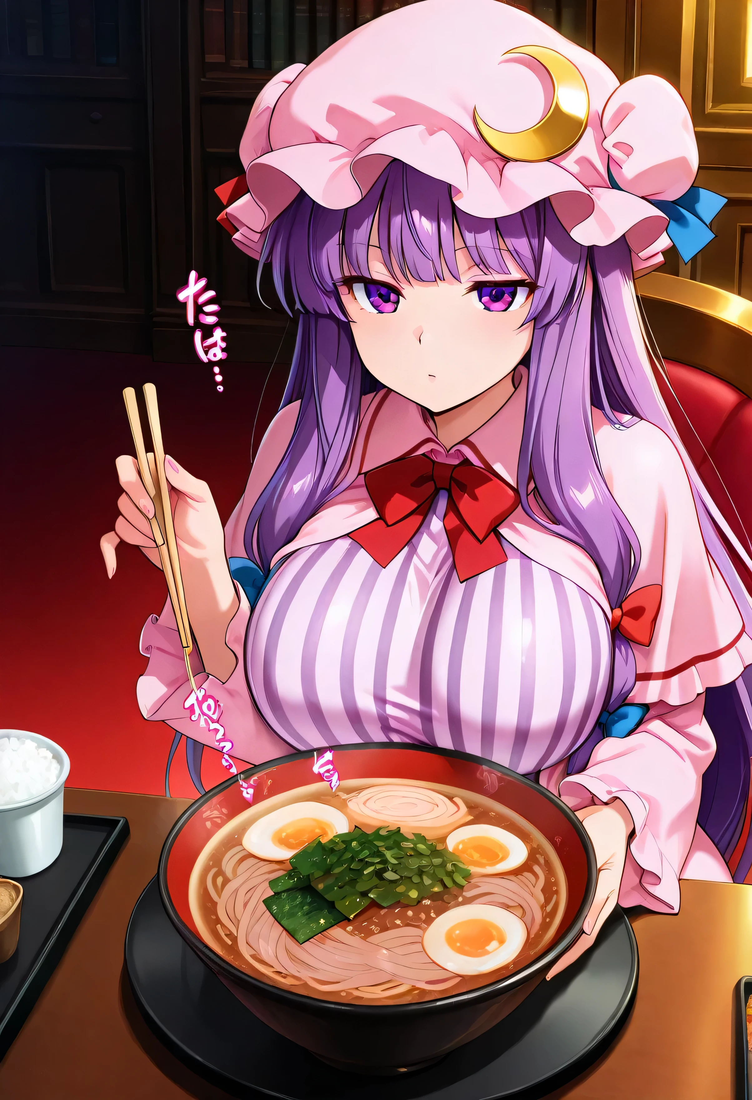 (beautiful girl:1.3),masterpiece,Please redeem,Ultra-high resolution,rich contrast,Very high quality,8k,Highly detailed CG unit wallpaper,Texture,So ridiculous,RAW Photos,Highest quality anime,anime-style illustration,studio anime style,professional photograph,an extremely delicate and beautiful,Depth of written boundary 1.2,ultra-detailed eyes,Glowing Skin,Glitter Effect,Beautiful glossy lips,patchouli knowledge, 1girl , Alone, purple hair, long hair, purple eyes, sidelocks,mob cap, pink headwear, crescent hat ornament, blue bow, red bow, hat ribbon, hair bow, Crescent Pin, capeleT, red ribbon, long sleeves, vertical-striped dress, blue ribbon, long dress, purple dress, pink dress,( obscene sound effects:1.5),(( round eyes , big eyes)), big breasts,Big Round Ass,(((She broke disposable chopsticks1.5))),Scarlet Devil Mansion,Library, motion line ,Ramen bowl