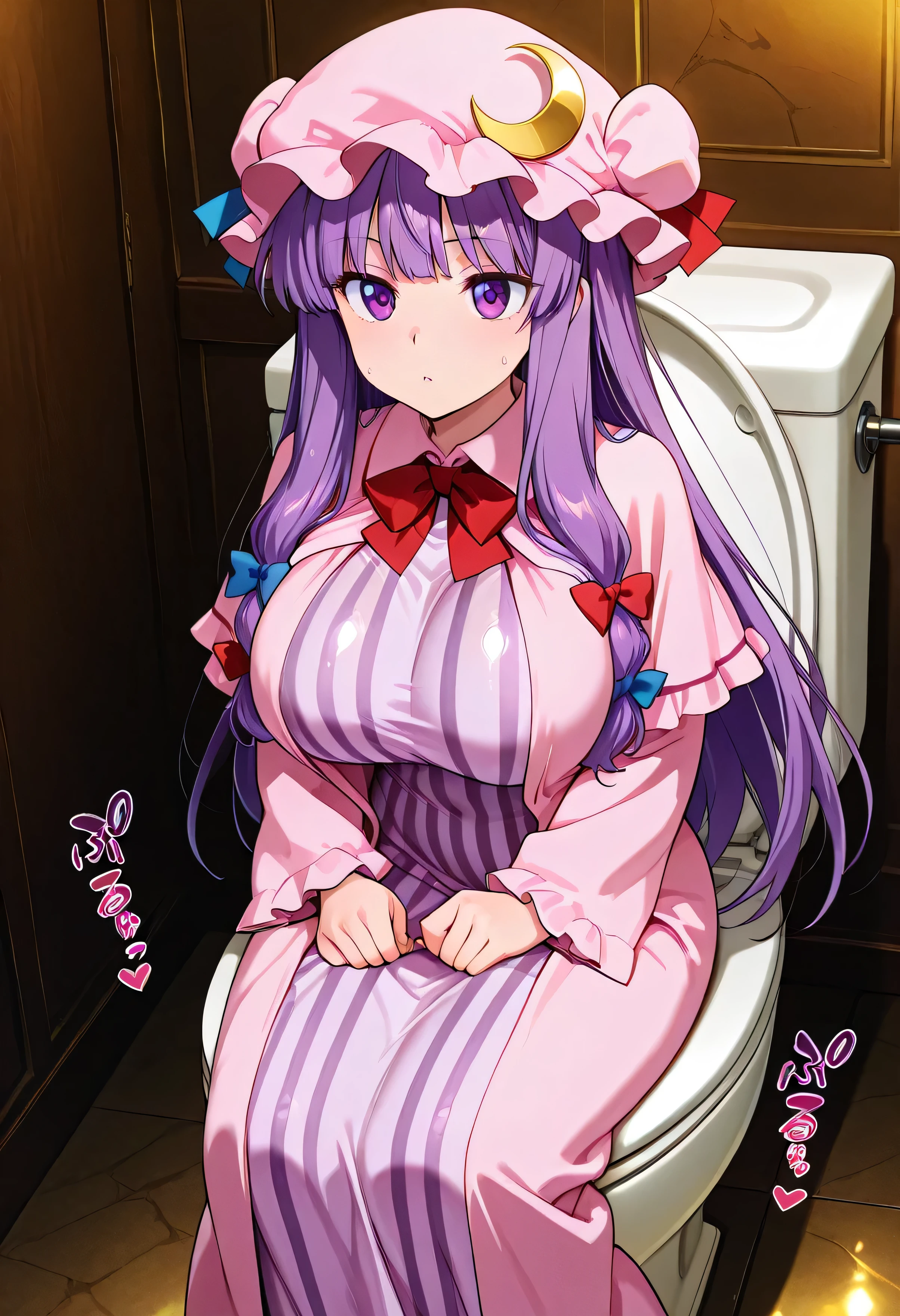 (beautiful girl:1.3),masterpiece,Please redeem,Ultra-high resolution,rich contrast,Very high quality,8k,Highly detailed CG unit wallpaper,Texture,So ridiculous,RAW Photos,Highest quality anime,anime-style illustration,studio anime style,professional photograph,an extremely delicate and beautiful,Depth of written boundary 1.2,ultra-detailed eyes,Glowing Skin,Glitter Effect,Beautiful glossy lips,patchouli knowledge, 1girl , Alone, purple hair, long hair, purple eyes, sidelocks,mob cap, pink headwear, crescent hat ornament, blue bow, red bow, hat ribbon, hair bow, Crescent Pin, capeleT, red ribbon, long sleeves, vertical-striped dress, blue ribbon, long dress, purple dress, pink dress,( obscene sound effects:1.5),((( round eyes , big eyes))), big breasts,Big Round Ass,(She's sitting on the toilet seat:1.5),sweat, wet,Red Devil's toilet,