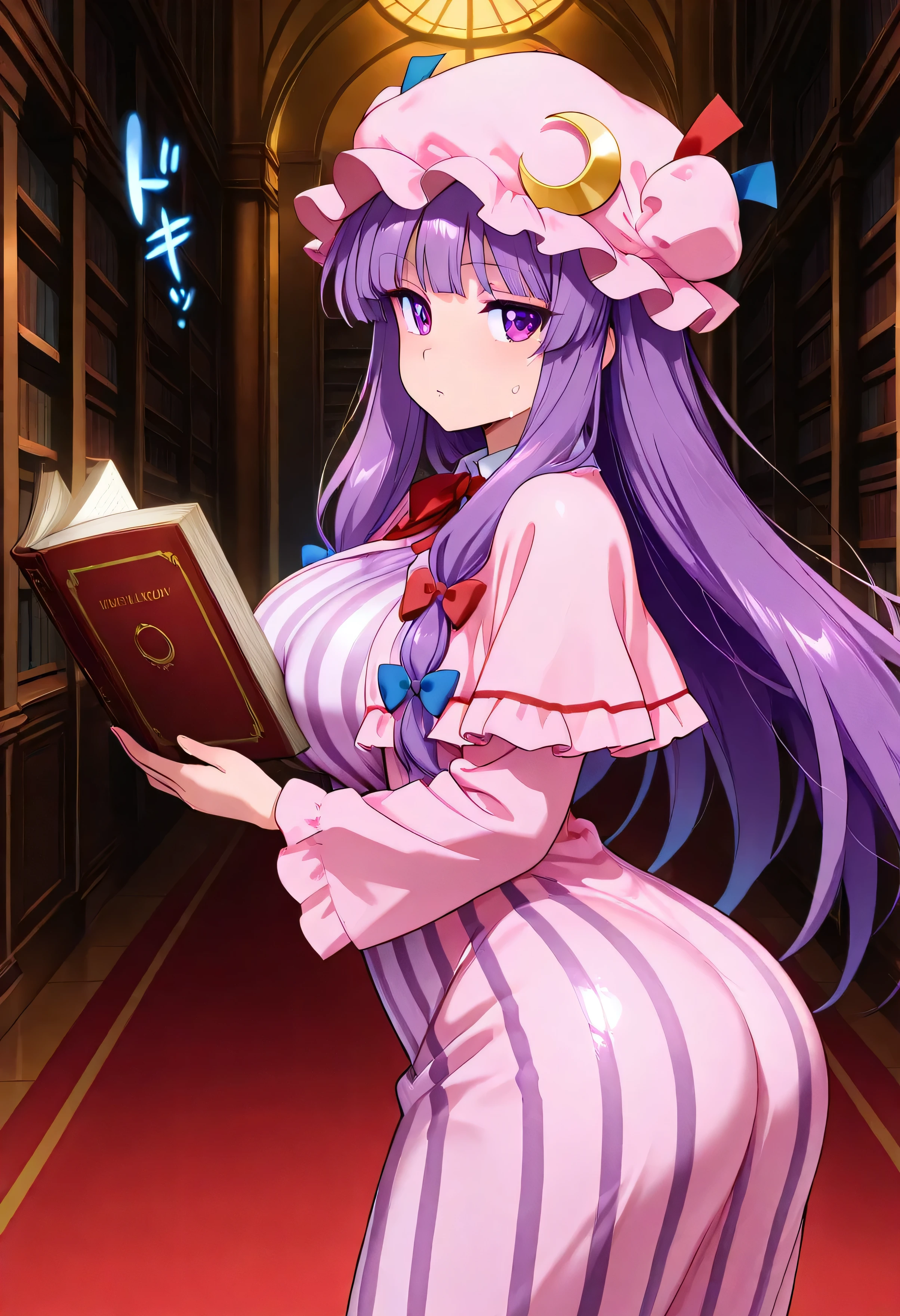 (beautiful girl:1.3),masterpiece,Please redeem,Ultra-high resolution,rich contrast,Very high quality,8k,Highly detailed CG unit wallpaper,Texture,So ridiculous,RAW Photos,Highest quality anime,anime-style illustration,studio anime style,professional photograph,an extremely delicate and beautiful,Depth of written boundary 1.2,ultra-detailed eyes,Glowing Skin,Glitter Effect,Beautiful glossy lips,patchouli knowledge,  1girl , Alone, purple hair, long hair, purple eyes, sidelocks,mob cap, pink headwear, crescent hat ornament, blue bow, red bow, hat ribbon, hair bow, Crescent Pin, capeleT, red ribbon, long sleeves, vertical-striped dress, blue ribbon, long dress, purple dress, pink dress,( obscene sound effects:1.5),((( round eyes , big eyes))), big breasts,Big Round Ass,(I closed the book:1.5),sweat, wet,Scarlet Devil Mansion,Library,closed book