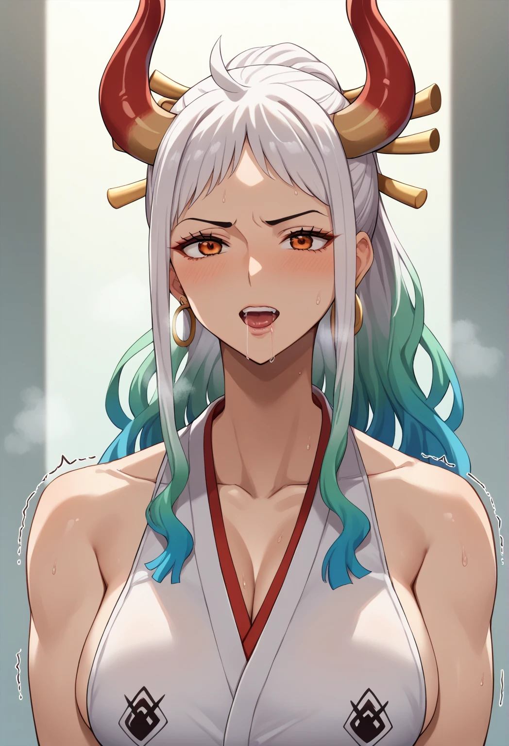 yamato \(one piece\)
long hair,multiclored hair,oni,horn, modeling at a beach resort setting, adorned in a form fitting satin a line wedding dress Crowning her head is a tiara and a veil while diamond earrings and necklace sparkle in contrast with the white satin of her elbow-length opera gloves, anime, 4k, hd, detailed, perfect anatomy, perfect hands, perfect face