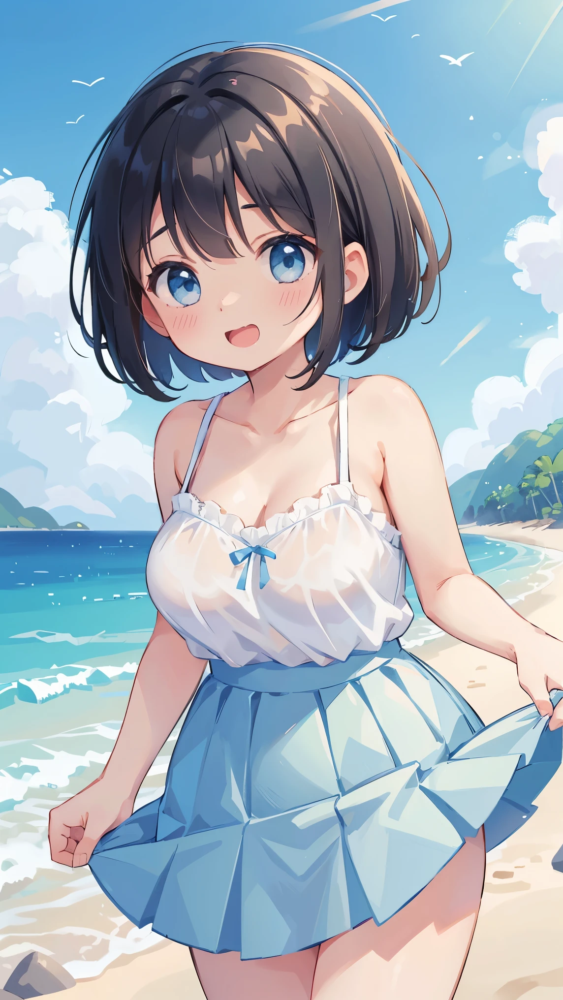 Photorealistic、Highest quality、Highest Resolution、Highest quality、16K、One beautiful woman、cute、Bob Cut Hair、Dark Hair Color、Light blue eyes、Big Breasts、Beautiful breasts、cute水着、Ocean、looks fun、smile、