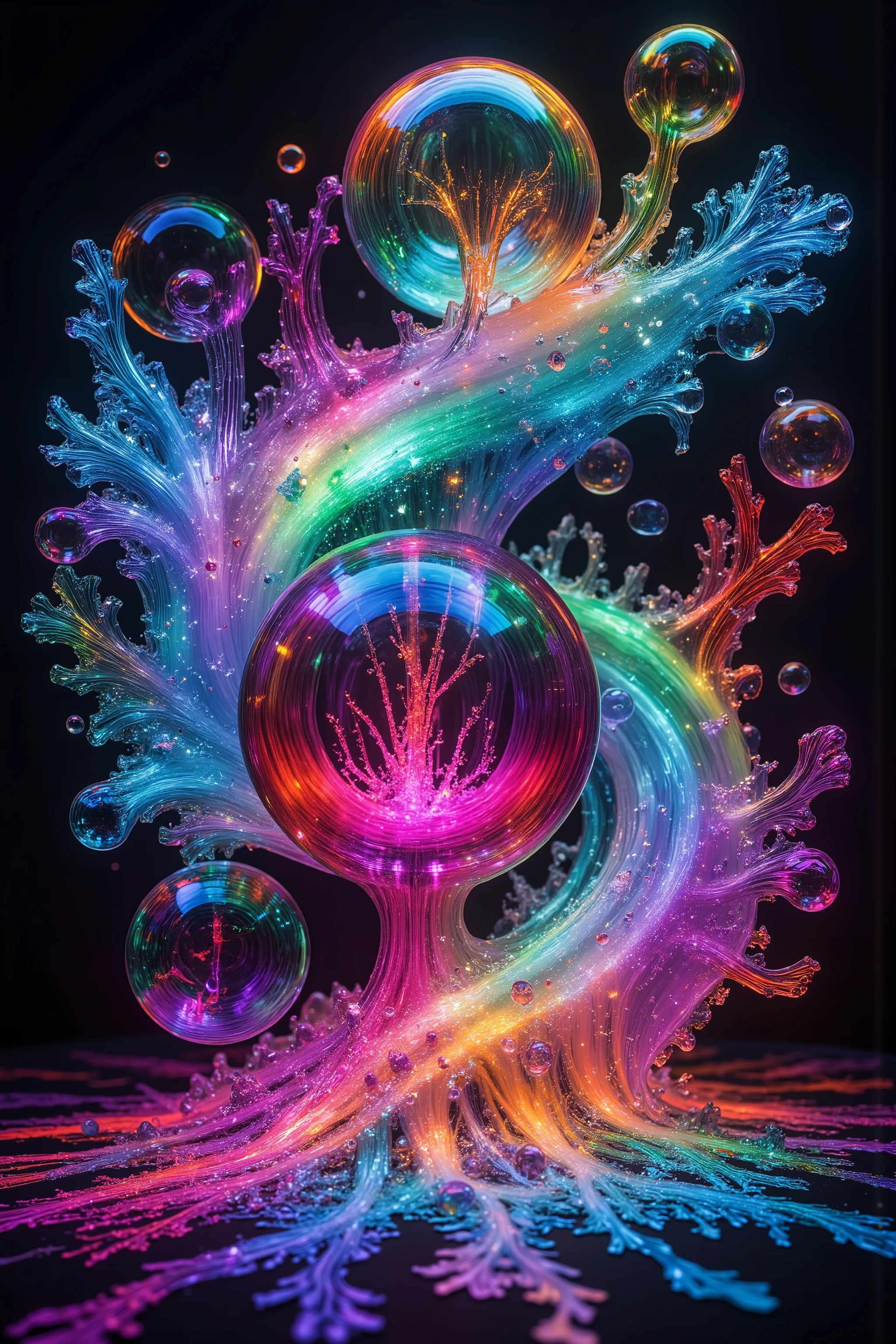 Psychedelic digital art,ultra-detailed vibrant fluorescent neon colors,intricate rainbow glass-like environment,shimmering glass bubbles morphing out of swirling colors,glowing light and reflection,4d mandelbulb psychedelic landscape,bright overexposed backlighting with depth of field,award winning masterpiece,pixel art,portrait photography,photorealistic,hyperdetailed,glass morphism,sparkle,optical illusion,rotational symmetry,best quality,8k,ultra-fine detailsWithin the black of the abyss, intense bright, colorful, perfectly symmetrical glass spheres containing the glowing light of acidzlime within the glass.Smaller glass orbs beneath that melt and drip vibrant colorful symetrical patterns that cover the ground and merge together in a quilt of intricate and complex designs. High fantasy, magical effects,Portrait photography, cinematic photography, photorealistic UHD, intricate, complex, attention to detail, optical illusions, unique patterns and designs, avant garde, masterpiece. Light is emerging from colors in a psychedelic dream, shimmering glass morphing out of colors, tripped out vibrant colors, perfectly formed beautiful reflective bubbles, attention to detail on the bubbles and spheres, beautiful psychedelic digital art, pixel art, trippy colors, 4d mandelbulb psychedelics, glass like psychedelic landscape, intricate rainbow environment, psychedelic underwater brightness, neon colors, bright colors, psychedelic trip, fluorescent psychedelic aesthetic, psychedelic vibrant colors, bright psychedelic neon colors, paint splattered backgrounds,swirling spirals and vortex, bright vibrant colors popping out from 3d glass spheres, Pixel Assets, Portrait photography, surrealism, Photorealistic, Hyperdetailed, Glass Morphism, Digital Art, Sparkle, Optical Illusion, Glowing Light, Reflection Light, Overexposure, Backlighting, Depth Of Field, Rotational Symmetry, UHD, High Details, High Quality, Super Detailed, Best Quality, Award Winning, Masterpiece.