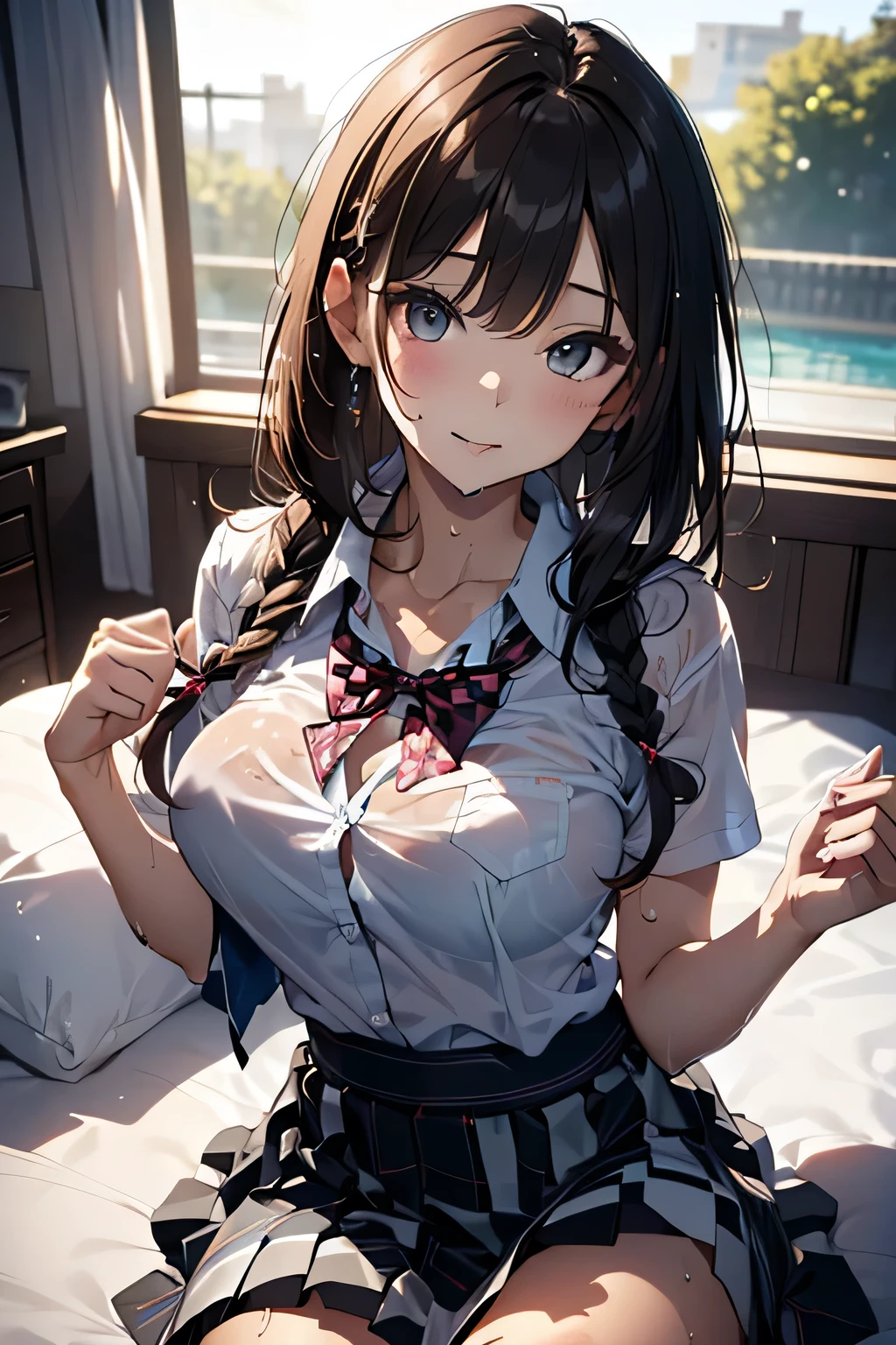 ((see-through white shirt)), school uniform, short sleeves, (((Black plaid skirt))), (((breast cleavage))), undressing, Half-naked shirt, all open clothes, Half-naked, 

bed, (((((night))))), ((((After Sex)))), ((((After Fuck)))), black hair, one girl, sun oil, lotion, (Thighs), calves, (((wet skin))), (((swet))), medium breasts, Authentic shiny skin texture, wet clothes

(((arms tying hair up))), (((hands tying hair up))), (((breast squeeze))), (((breast hold)))