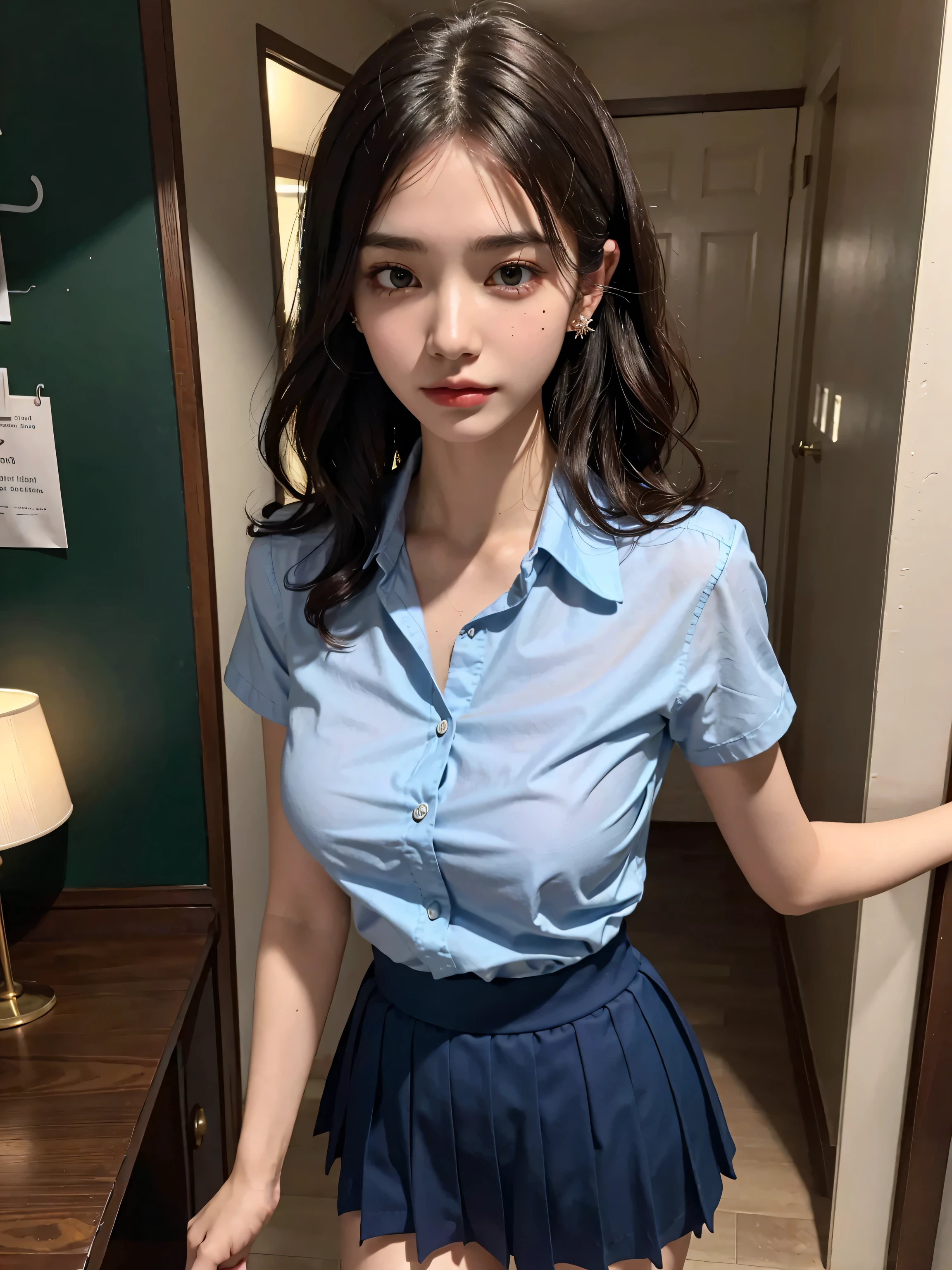((Best of the highest quality, 8k, Masterpiece, raw photo: 1.2)), (Sharp focus: 1.2), (1 AESPA, slim body type female, 21 y/o: 1.1), (Solo: 1.28), (realistic, photo-realistic:1.37), face focus, cute face, finely eyes, (droopy eyes: 1.32), (Emphasize prominent aegyo-sal with bright: 1.2), shimmering eyeshadow applied under the lower lash line, paired with thick, (small breasts, flat chest, Thigh: 1.3), (short messy hair, bangs, updo: 1.28), (wearing button down business shirt, panties: 1.32), walking terrace dining, flower, (from below: 1.12)
