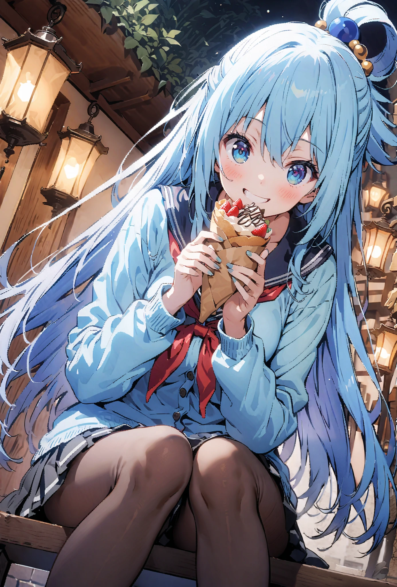 Light blue long hair、Twin-tailed Girl, black eye、Cute girl anime visuals, Anime Moe Art Style, Splash Art Anime Loli、2D Anime Style, Eating Pocky、Cute Lolita Costume
