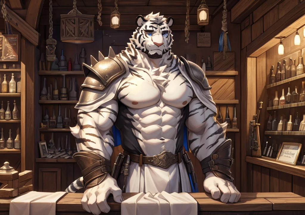 scar on head, black armor, green pants, orange loincloth, (solo), pose, posing, (close-up:1.1), (byaku), sweaty, beard, (rpg medieval fantasy tavern), dining table, beer, smile, look at viewer, fang, light blue eyes, (white tiger tail), hefty, highly detailed, anime style, cel shading, masterpiece ,(best quality), hi res, 4k, (extreme detailed illustration), good anatomy, (detailed CG), (by takemoto arashi, by null-ghost)
