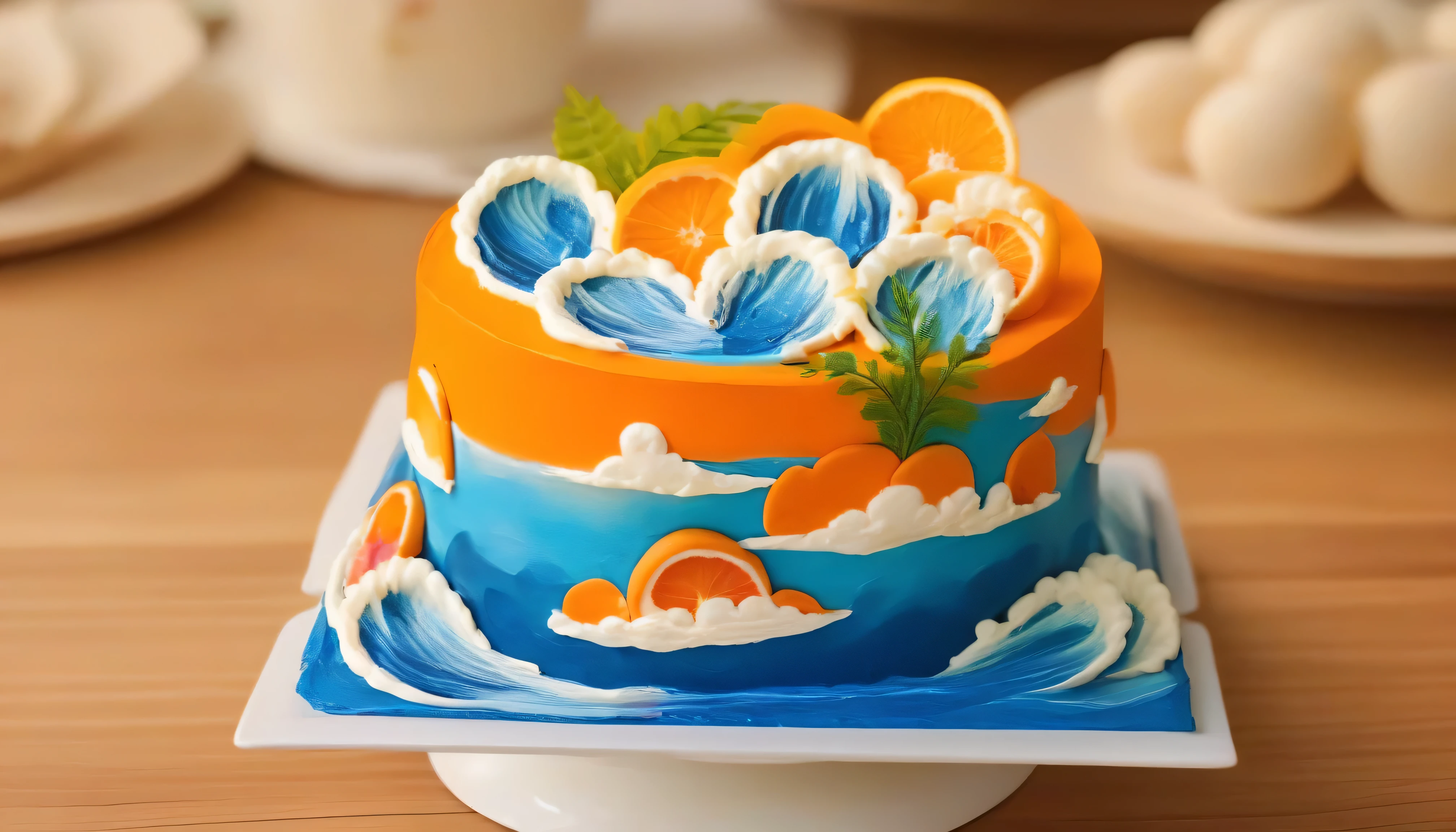 High resolution photos_xl was placed on the table,A picture of a cake with a single layer of round cake_xl,Above is ocean waves, orange theme,simple background, detailed, high resolution photos,indoor,Tilt-Shift,miniature,Cute and adorable,still life,From the front,watching the audience . Soft and natural lighting,Macro detailed info,bright colors,fresh ingredients,Glittering texture,soft background,Stylized electroplating,Wooden tabletop,Decorated with,Tempting,Edit quality, 8,000,HDR, Ultra HD, masterpiece,best quality,highly detailed, high resolution ,Meticulous attention to detail,extremely detailed,ultra detailed,wallpaper