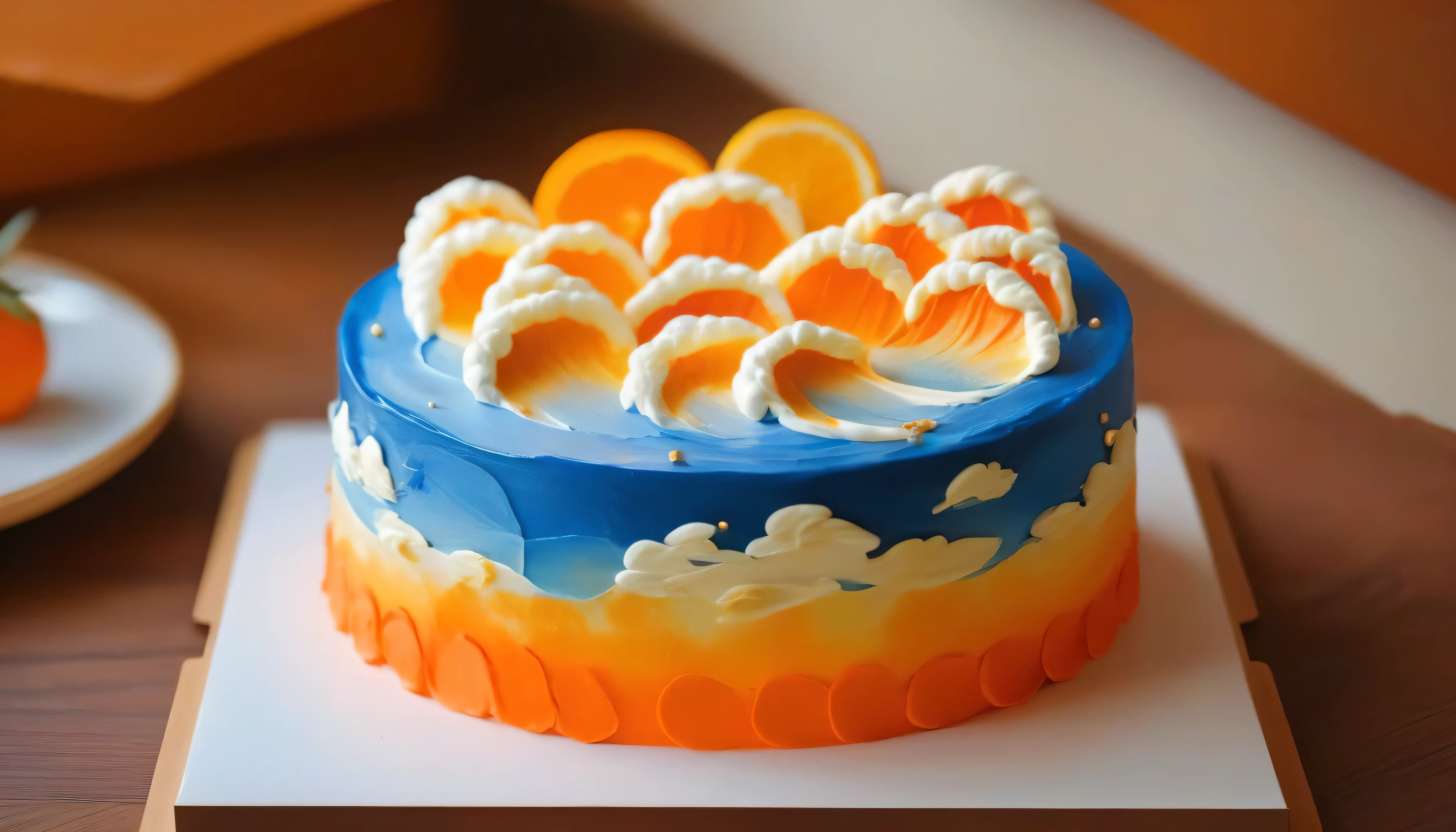 High resolution photos_xl was placed on the table,A picture of a cake with a single layer of round cake_xl,Above is ocean waves, orange theme,simple background, detailed, high resolution photos,indoor,Tilt-Shift,miniature,Cute and adorable,still life,From the front,watching the audience . Soft and natural lighting,Macro detailed info,bright colors,fresh ingredients,Glittering texture,soft background,Stylized electroplating,Wooden tabletop,Decorated with,Tempting,Edit quality, 8,000,HDR, Ultra HD, masterpiece,best quality,highly detailed, high resolution ,Meticulous attention to detail,extremely detailed,ultra detailed,wallpaper