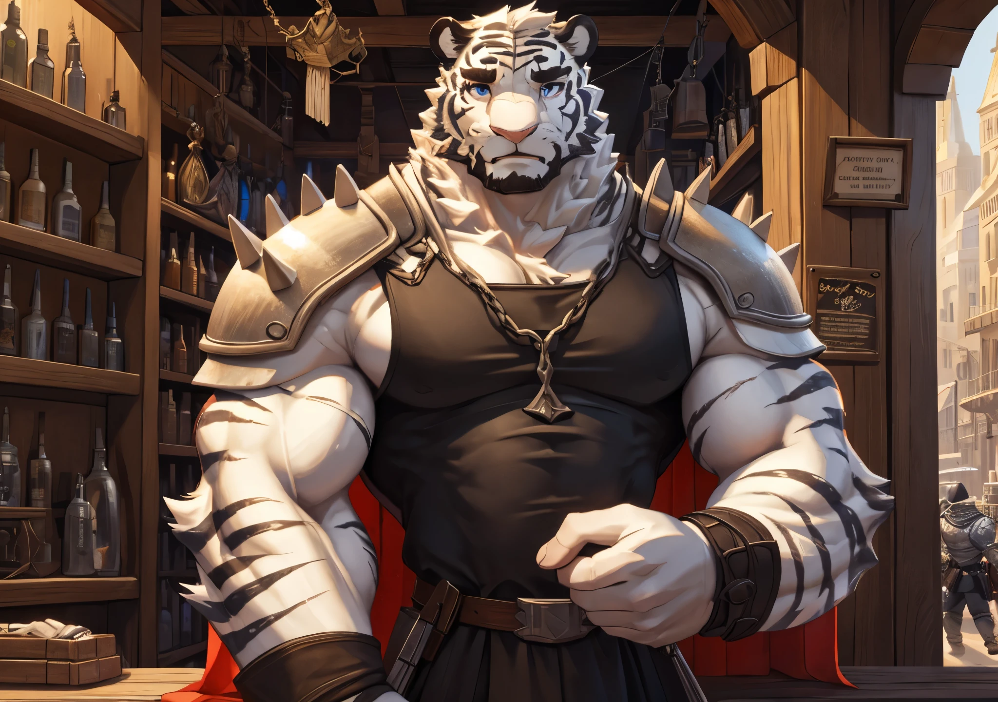 Antonio Other, hand, 5 fingers, less than top, pectorals, , (super detailed), eye, black eye, furry, white skin, white skin, Human nature (white tiger), eyes, middle age, white body, white belly, muscular,,super detail face, (delicate eye), 1, silver armor,, (best quality), (artwork), High detail, high quality, Award-winning, high resolution, hd, 16K, background medieval city, X The character is in front of a weapons store looking at the price of the equipment in the window.