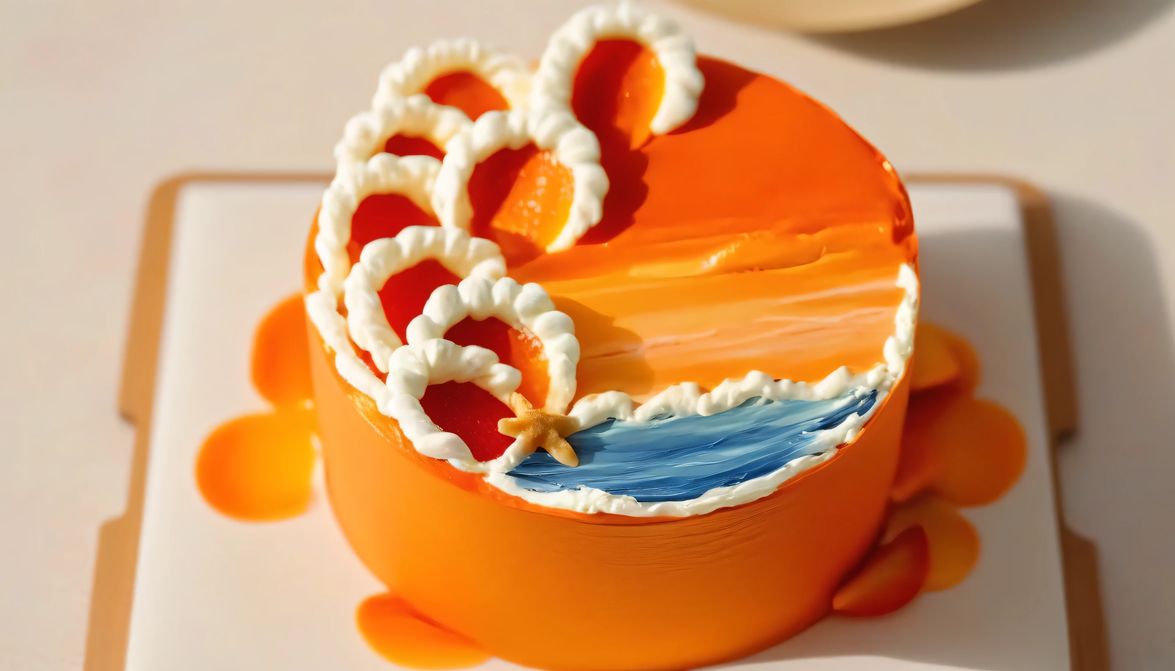 High resolution photos_xl was placed on the table,A picture of a cake with a single layer of round cake_xl,Above is ocean waves, orange theme,simple background, detailed, high resolution photos,indoor,Tilt-Shift,miniature,Cute and adorable,still life,From the front,watching the audience . Soft and natural lighting,Macro detailed info,bright colors,fresh ingredients,Glittering texture,soft background,Stylized electroplating,Wooden tabletop,Decorated with,Tempting,Edit quality, 8,000,HDR, Ultra HD, masterpiece,best quality,highly detailed, high resolution ,Meticulous attention to detail,extremely detailed,ultra detailed,wallpaper