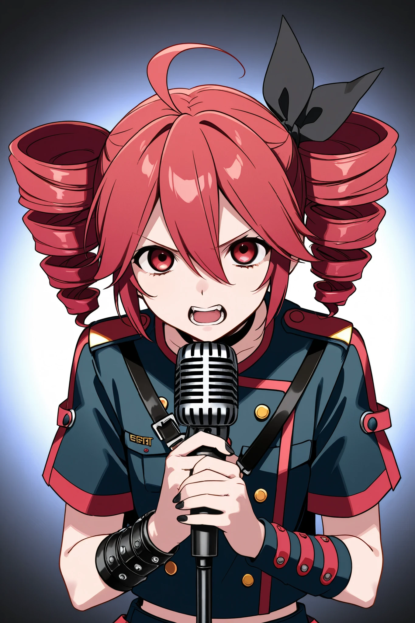 Teto Kasane, ahoge, red eyes, drill hair, red hair, sleeveles shirt, metal band, goth, growling to microphone,