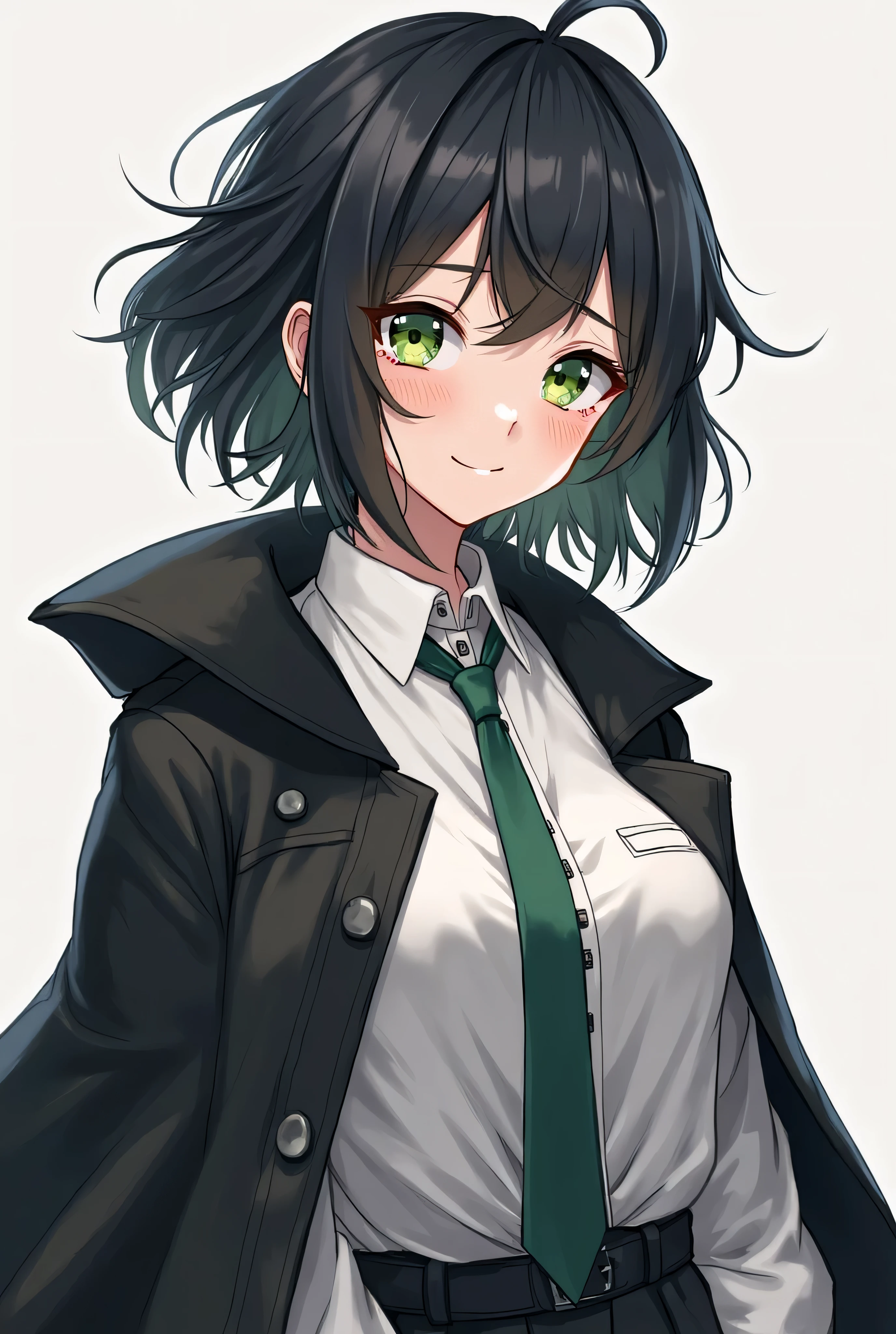 Anime girl with green eyes and a black coat and green tie - SeaArt AI