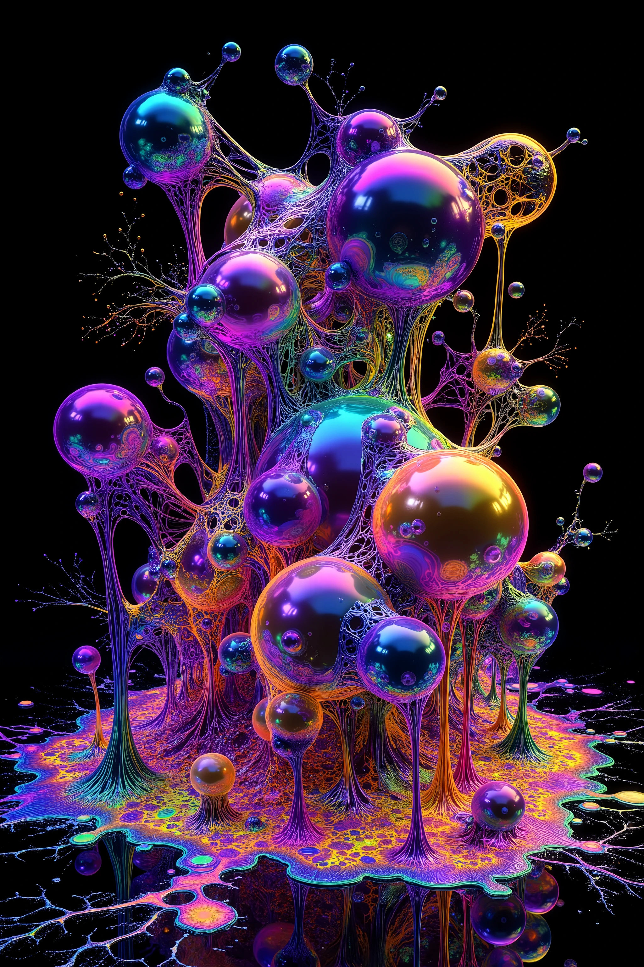 a psychedelic digital art,ultra-detailed vibrant fluorescent neon colors,intricate rainbow glass-like environment,shimmering glass bubbles morphing out of swirling colors,glowing light and reflection,4d mandelbulb psychedelic landscape,bright overexposed backlighting with depth of field,award winning masterpiece,pixel art,portrait photography,photorealistic,hyperdetailed,glass morphism,sparkle,optical illusion,rotational symmetry,best quality,8k,ultra-fine detailsWithin the black of the abyss, intense bright, colorful, perfectly symmetrical glass spheres containing the glowing light of acidzlime within the glass. Smaller glass orbs beneath that melt and drip vibrant colorful symetrical patterns that cover the ground and merge together in a quilt of intricate and complex designs. High fantasy, magical effects,Portrait photography, cinematic photography, photorealistic UHD, intricate, complex, attention to detail, optical illusions, unique patterns and designs, avant garde, masterpiece. Light is emerging from colors in a psychedelic dream, shimmering glass morphing out of colors, tripped out vibrant colors, perfectly formed beautiful reflective bubbles, attention to detail on the bubbles and spheres, beautiful psychedelic digital art, pixel art, trippy colors, 4d mandelbulb psychedelics, glass like psychedelic landscape, intricate rainbow environment, psychedelic underwater brightness, neon colors, bright colors, psychedelic trip, fluorescent psychedelic aesthetic, psychedelic vibrant colors, bright psychedelic neon colors, paint splattered backgrounds,swirling spirals and vortex, bright vibrant colors popping out from 3d glass spheres, Pixel Assets, Portrait photography, surrealism, Photorealistic, Hyperdetailed, Glass Morphism, Digital Art, Sparkle, Optical Illusion, Glowing Light, Reflection Light, Overexposure, Backlighting, Depth Of Field, Rotational Symmetry, UHD, High Details, High Quality, Super Detailed, Best Quality, Award Winning, Masterpiece.