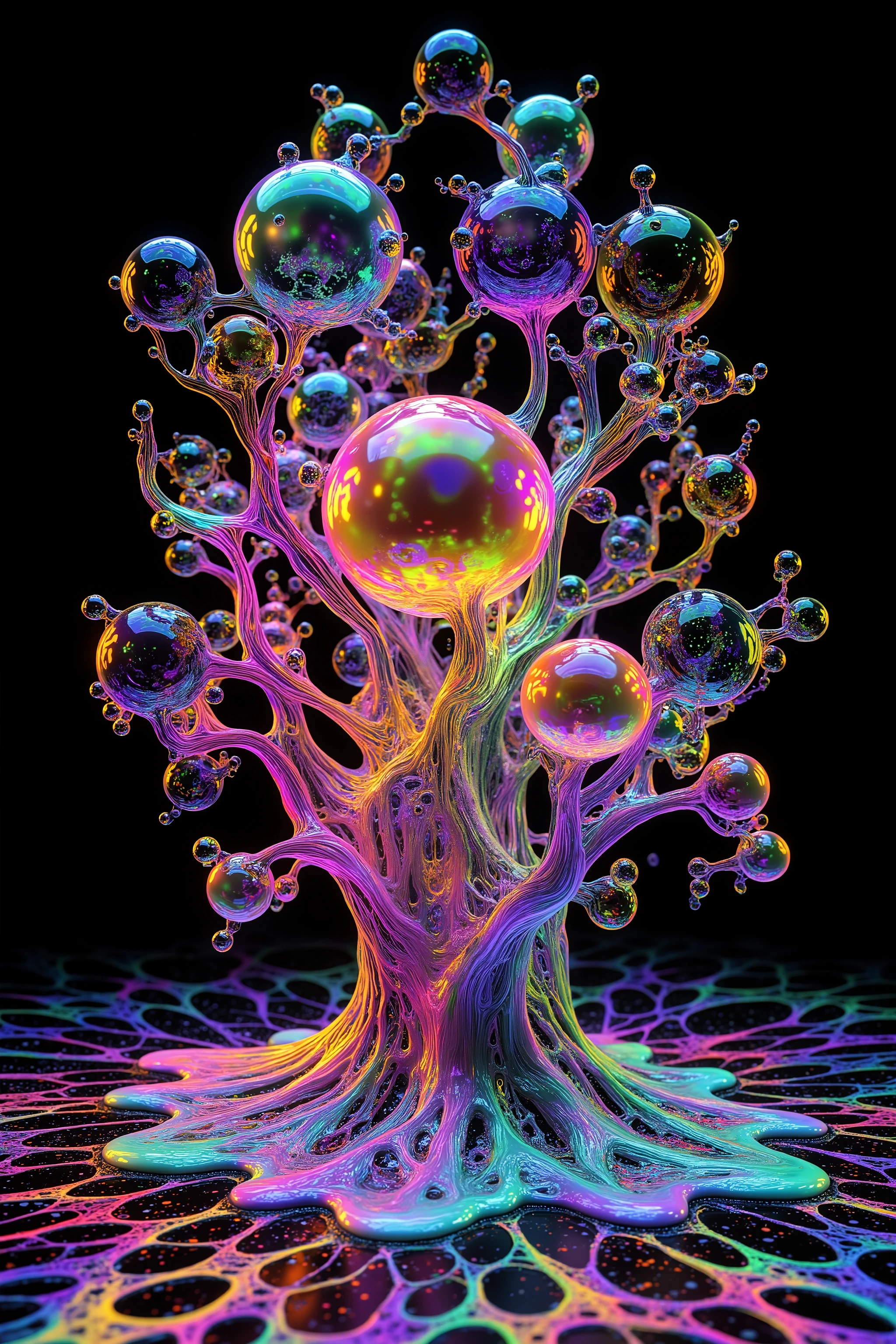 a psychedelic digital art,ultra-detailed vibrant fluorescent neon colors,intricate rainbow glass-like environment,shimmering glass bubbles morphing out of swirling colors,glowing light and reflection,4d mandelbulb psychedelic landscape,bright overexposed backlighting with depth of field,award winning masterpiece,pixel art,portrait photography,photorealistic,hyperdetailed,glass morphism,sparkle,optical illusion,rotational symmetry,best quality,8k,ultra-fine detailsWithin the black of the abyss, intense bright, colorful, perfectly symmetrical glass spheres containing the glowing light of acidzlime within the glass. Smaller glass orbs beneath that melt and drip vibrant colorful symetrical patterns that cover the ground and merge together in a quilt of intricate and complex designs. High fantasy, magical effects,Portrait photography, cinematic photography, photorealistic UHD, intricate, complex, attention to detail, optical illusions, unique patterns and designs, avant garde, masterpiece. Light is emerging from colors in a psychedelic dream, shimmering glass morphing out of colors, tripped out vibrant colors, perfectly formed beautiful reflective bubbles, attention to detail on the bubbles and spheres, beautiful psychedelic digital art, pixel art, trippy colors, 4d mandelbulb psychedelics, glass like psychedelic landscape, intricate rainbow environment, psychedelic underwater brightness, neon colors, bright colors, psychedelic trip, fluorescent psychedelic aesthetic, psychedelic vibrant colors, bright psychedelic neon colors, paint splattered backgrounds,swirling spirals and vortex, bright vibrant colors popping out from 3d glass spheres, Pixel Assets, Portrait photography, surrealism, Photorealistic, Hyperdetailed, Glass Morphism, Digital Art, Sparkle, Optical Illusion, Glowing Light, Reflection Light, Overexposure, Backlighting, Depth Of Field, Rotational Symmetry, UHD, High Details, High Quality, Super Detailed, Best Quality, Award Winning, Masterpiece.
