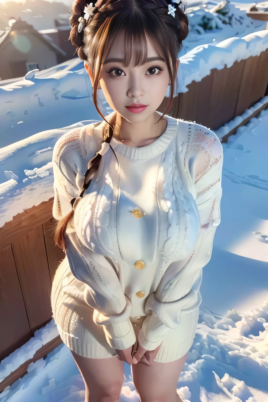 (masterpiece:1.3), High resolution, Very detailed, CG, 8K壁紙, photo-realistic, RAW Photos, (8K, Highest quality, masterpiece:1.2), (Realistic:1.4), Beautifully detailed face, Perfect and beautiful face, Beautiful and elaborate face, Accurate, Highly detailed face and skin texture, Detailed hair texture, Perfect body, (Fair skin:1.2), Beautiful eyes in every detail, Slim face and figure, Big eyes, (Glossy Lips, Natural color lip:1.4), ((Sexy sensual smile, Attractive sexy smile:1.4)), ((Beautiful woman, Random Cute Hairstyles:1.4)), ((Beautiful womanが雪が降る寒い日に屋外にいるシーン。She was wearing a warm-looking thick hoodie.、She has a big fluffy scarf wrapped around her neck.。The parka is dark grey in colour、The scarf is made of white wool.、Wrapped warmly around her face。The bottom is a tight mini skirt、The dark skirt accentuates the shape of her legs.。Her legs were covered in thick tights.、The feet are well protected by cold weather boots.。Her hair is dark brown、It's a little wavy.、Length on the shoulder。In the background, falling snow and a cityscape covered in snow spreads out.、White snowflakes are falling around her。Her expression is calm、Smiling、It creates a warm atmosphere even in the cold.:1.4)), ((Full Body Shot:1.4)), (Staring at the audience:1.3), ((sexy shot looking at camera, Bold sexy pose:1.3)), (Detailed Background:1.2), Perfect dynamic composition