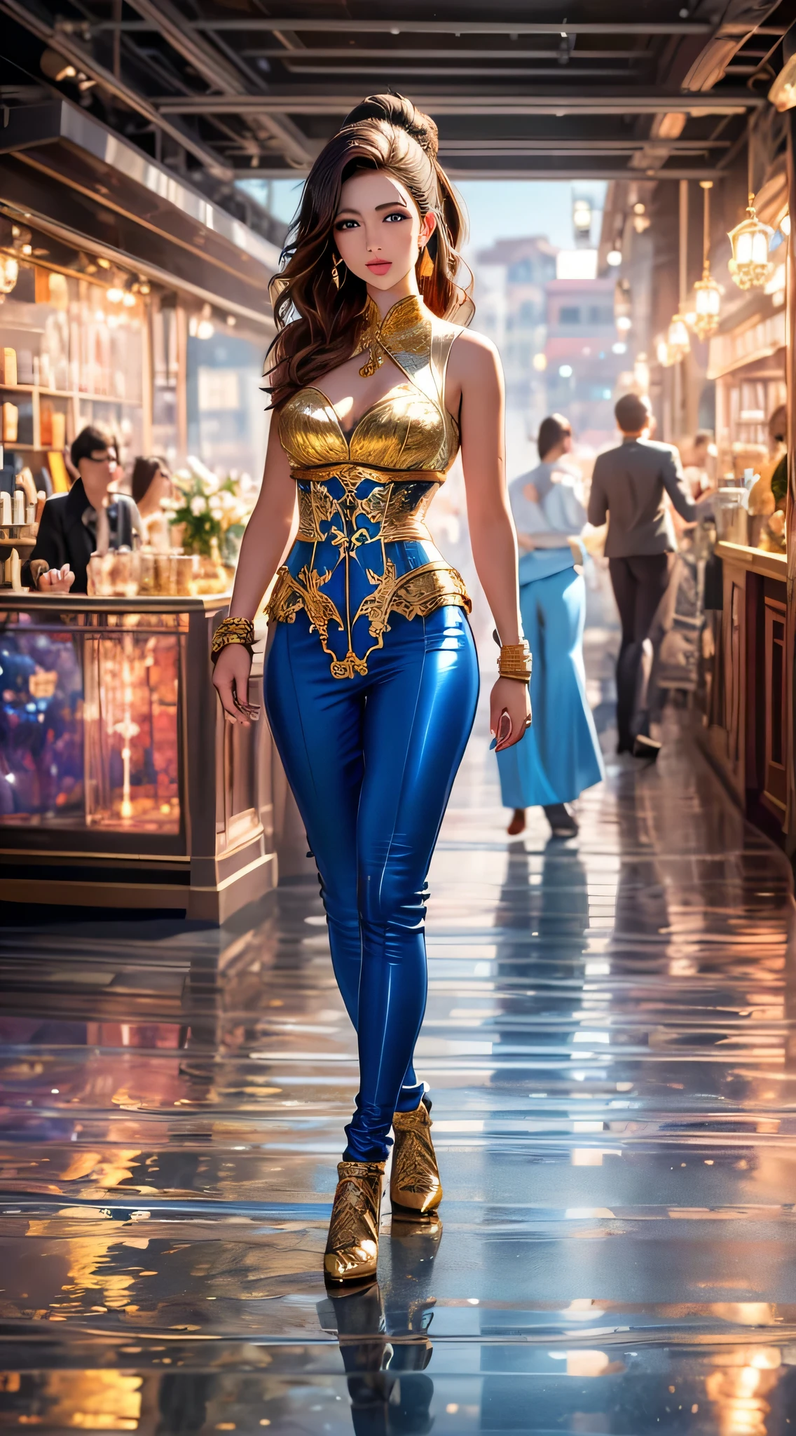A beautiful princess,Wear blue and gold corsets and suits, Majestic Appearance, 極其詳細的 Artgerm , Artgerm . High detail, Details, style art jem, Artgerm 風格, in Artgerm , Samira of League of Heroes, full body photo of the cinematic goddess, Artgerm , Alena Aenami 和 Artgerm