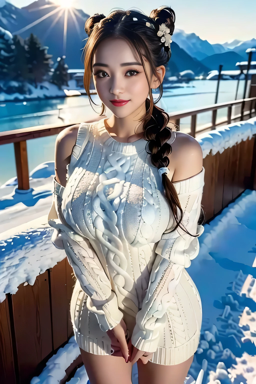 (Make your subject look three-dimensional with the contrast of light and shadow),(((With the sunset in the background))),(((standing on a snowy mountain in winter:1.3))),cute and beautiful adult woman,cute smile,with blushing cheeks,red lips,(((off-white knit jumper dress:1.3))),black stockings,Knee-high boots,(silvery hair,floral braided headband,half up、floral braided space bun,voluminous fishtail braid,Twisted pan,),(The bangs are see-through bangs),hairpin,hair ornaments,(((emphasize the chest:1.3))),Breast flick,Detailed clothing characteristics,Detailed characteristics of hair,detailed facial features,(dynamic angle),(dynamic and sexy pose),professional lighting,cinematic light,(highest quality,Ultra high resolution output image,) ,(8K quality,Depth of the bounds written,Anatomically accurate facial structure,),(sea art 2 mode:1.3),(Image mode Ultra HD,),(3D Realistic Photography:1.3)