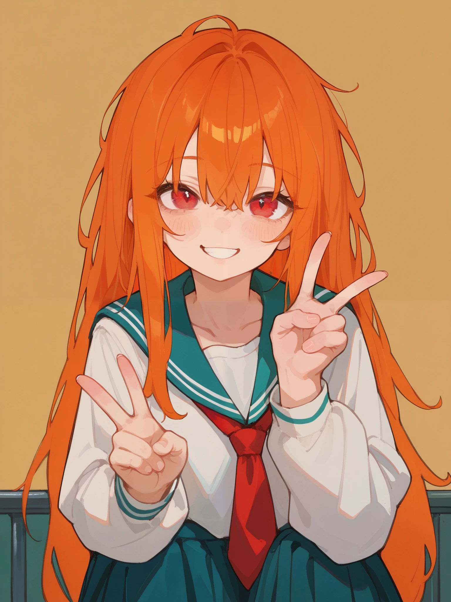 (best quality), best resolution, School, school class,1girl, shy smile, peace sign, orange hair, long hair, (messy hair:0.6), red eyes, detailed, 4k, 748cmstyle, artistic