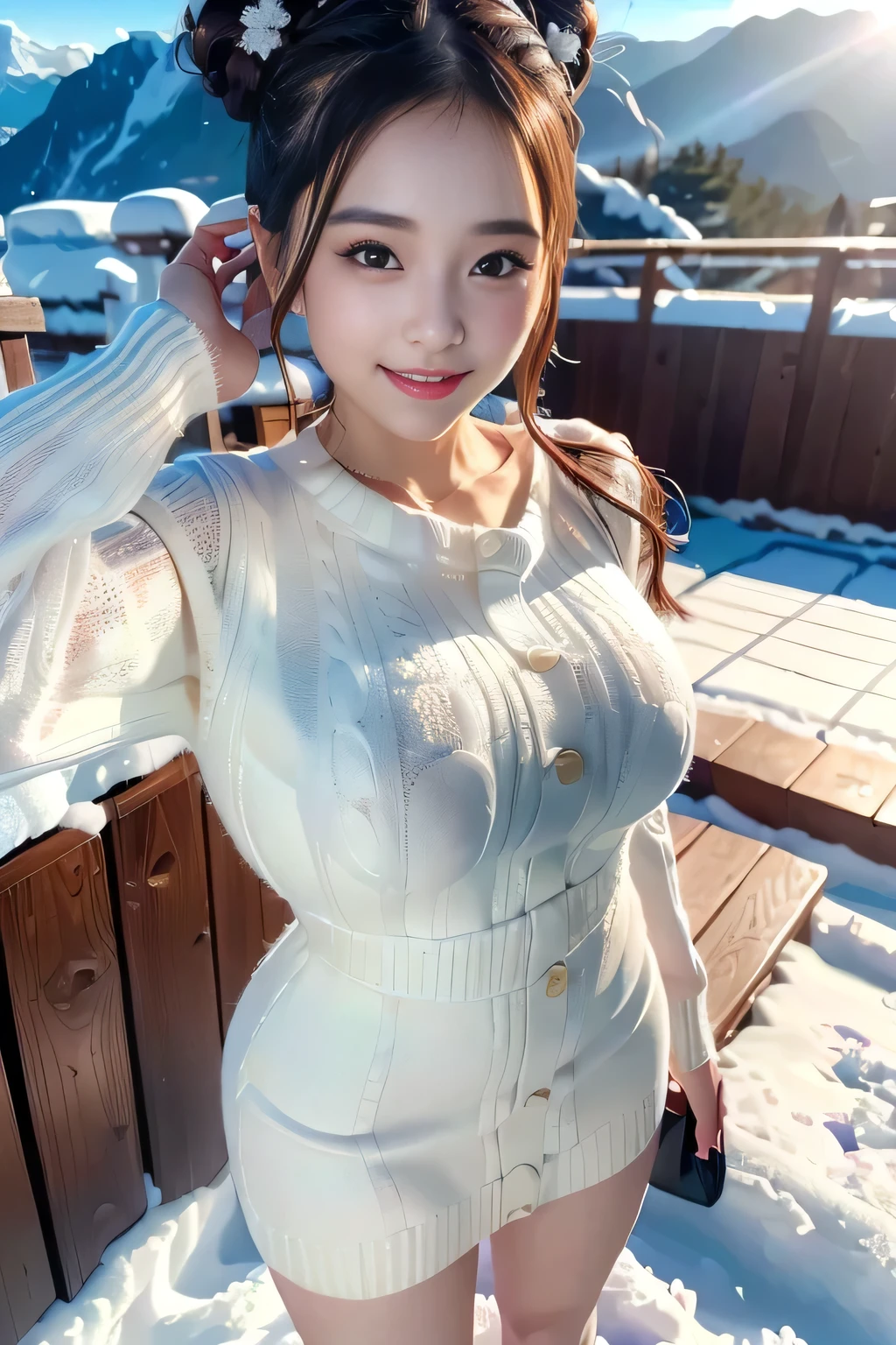 Winters,snow scene,Beautiful teenage girl,lace up pantyhose,random color,long sweater,scarf,depth of field,real light,Ray tracing,Overclocked renderer,UE5 renderer,surreal,best quality,8k,masterpiece,Super fine,detailed,correct anatomy,huge ,huge breasts,Show breasts,Show breasts,exposing her chest,huge breasts,Show breasts,Show breasts,exposing her chest,huge breasts,