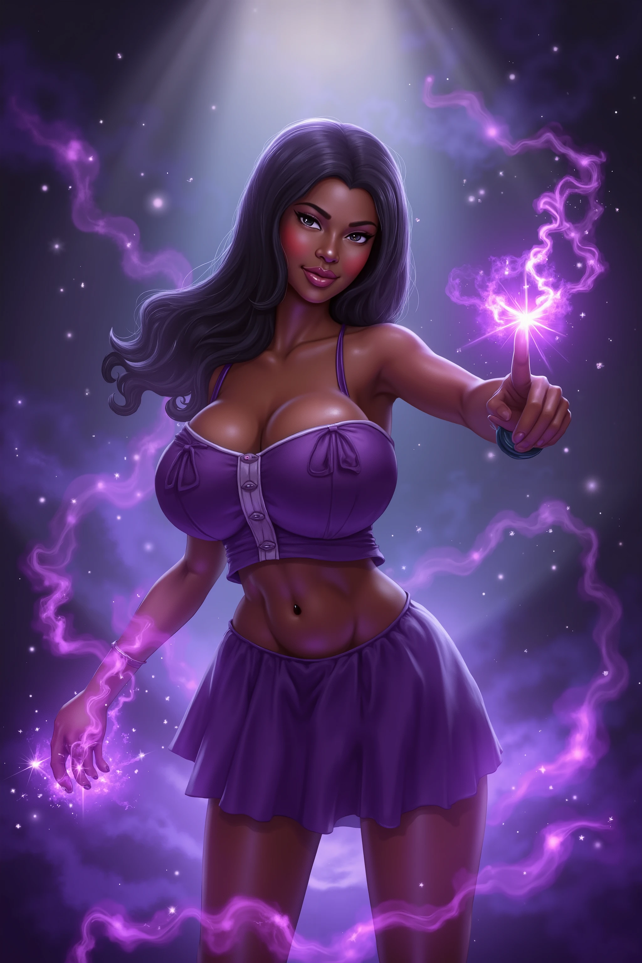Huge breast, curvy girl, big boobs, dark skinned, black girl, long hair, skirt, crop top, magic wand, magical, school uniform, sparkling magic, young girl